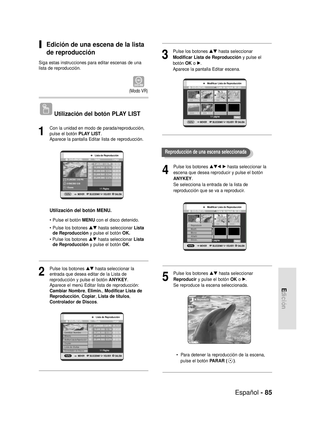 Samsung DVD-R119/EUR, DVD-R119/XEG, DVD-R119/XEF, DVD-R119/XET manual Edición de una escena de la lista de reproducción 