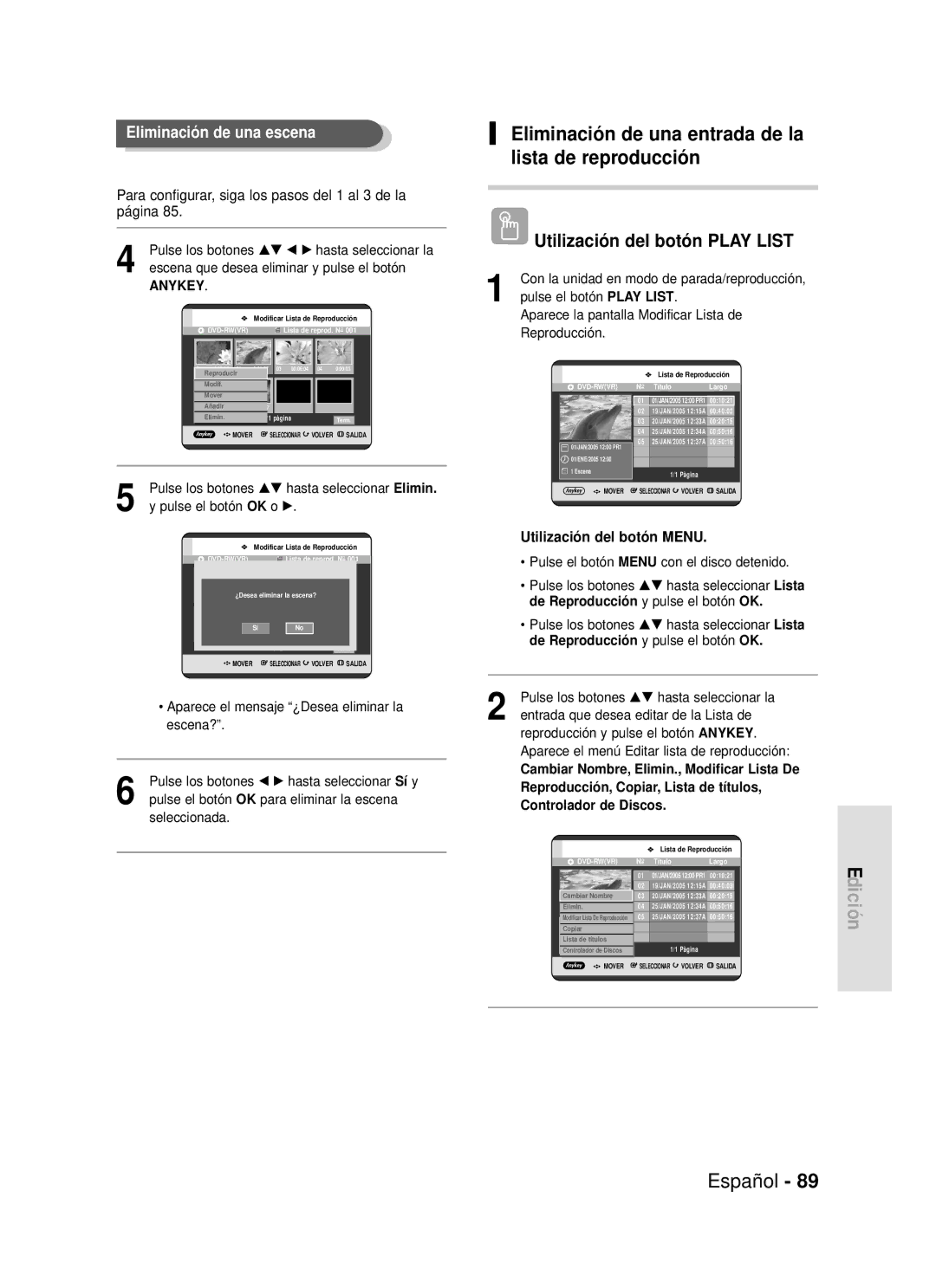 Samsung DVD-R119/XEN Eliminación de una entrada de la lista de reproducción, Escena que desea eliminar y pulse el botón 