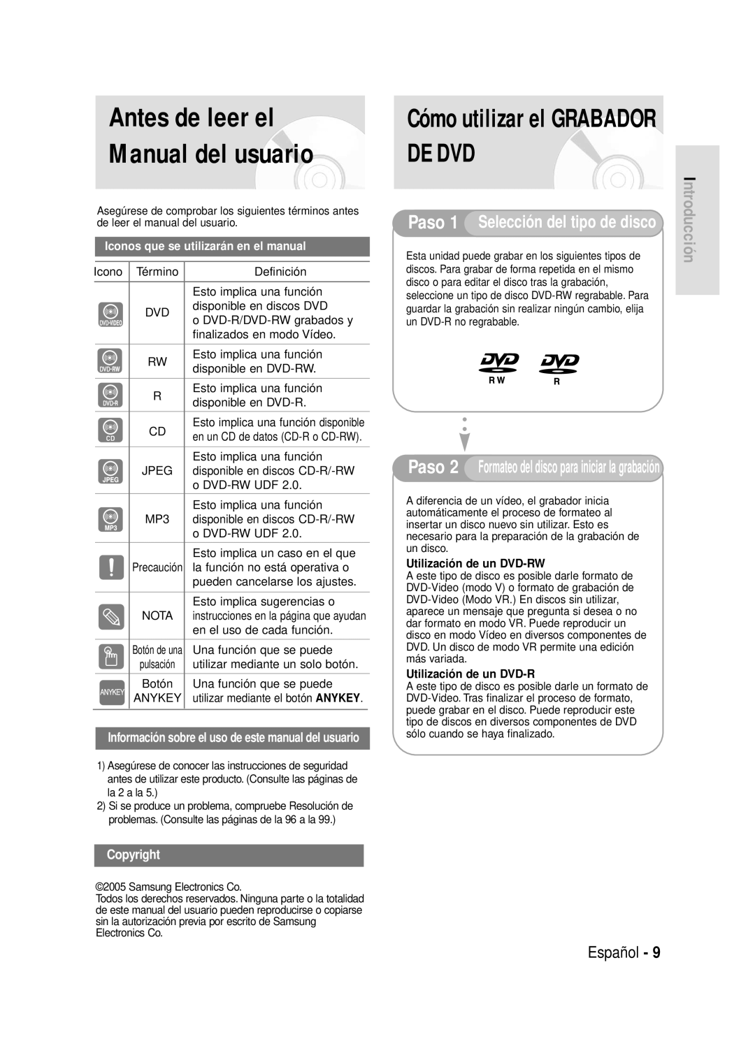 Samsung DVD-R119/XEN, DVD-R119/XEG, DVD-R119/XEF, DVD-R119/XET, DVD-R119/XEU, DVD-R119/XEC Antes de leer el Manual del usuario 