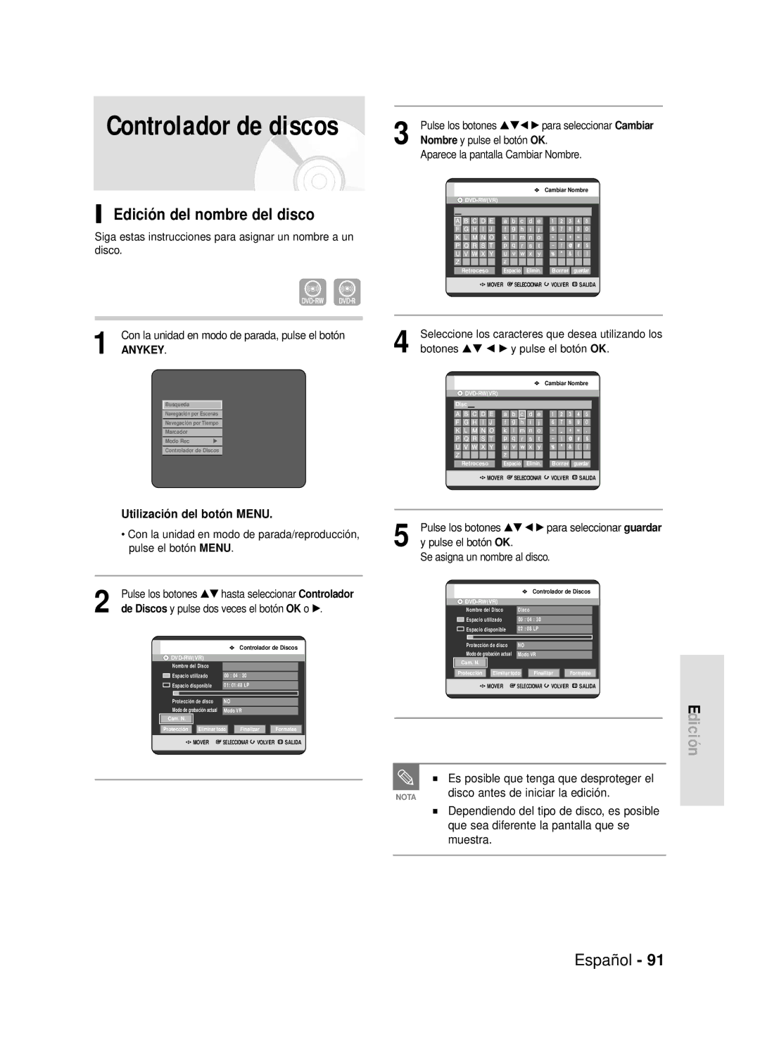 Samsung DVD-R119/XEF, DVD-R119/XEG manual Edición del nombre del disco, Es posible que tenga que desproteger el, Muestra 