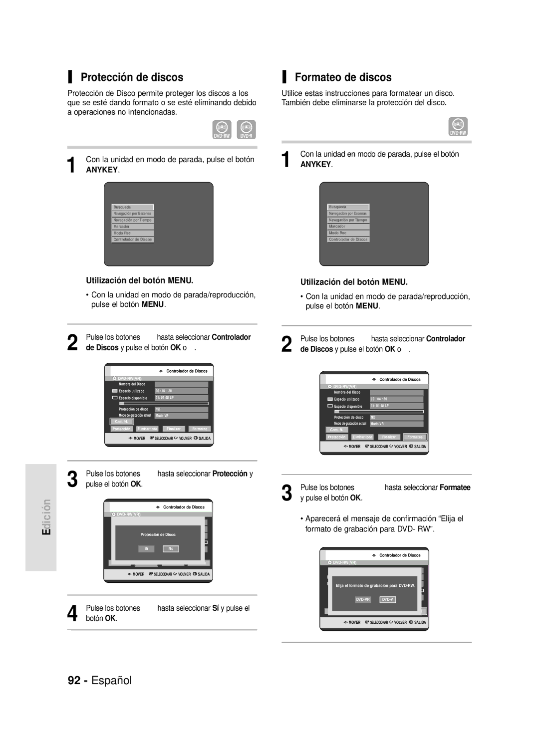 Samsung DVD-R119/XET, DVD-R119/XEG manual Protección de discos, Formateo de discos, De Discos y pulse el botón OK o √ 