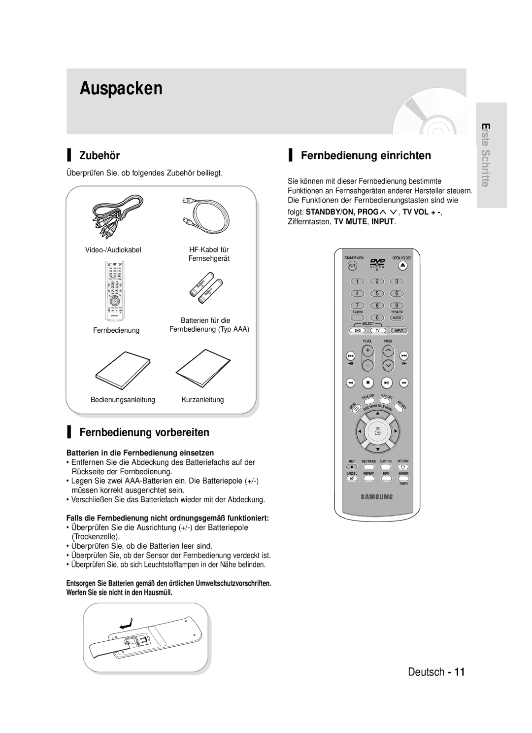 Samsung DVD-R119/XEG manual Auspacken, Zubehör, Fernbedienung vorbereiten, Fernbedienung einrichten 