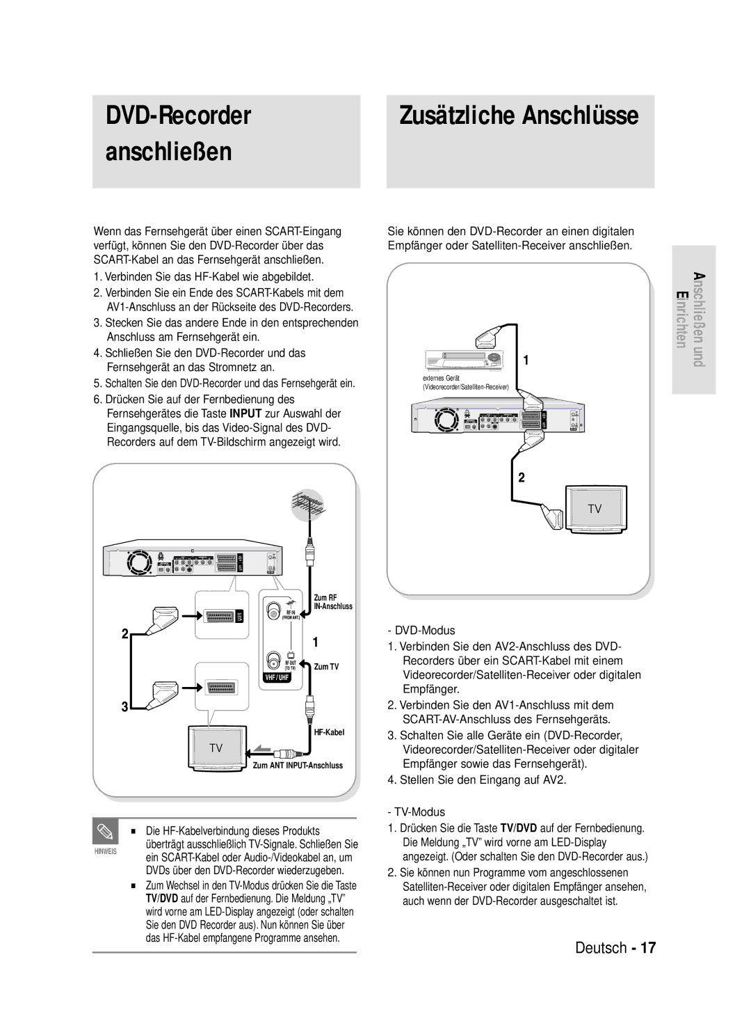 Samsung DVD-R119/XEG manual DVD-Recorder, Anschließen, Zusätzliche Anschlüsse, Verbinden Sie das HF-Kabel wie abgebildet 