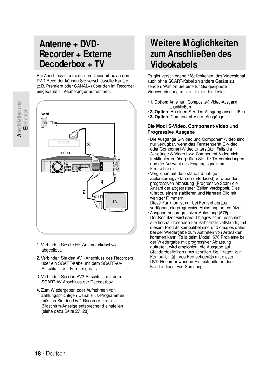 Samsung DVD-R119/XEG manual Antenne + DVD Recorder + Externe Decoderbox + TV, Ausgabe bei progressiver Abtastung 576p 