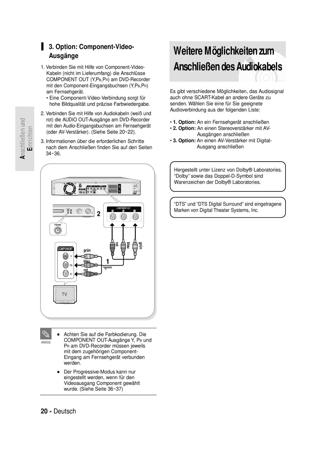 Samsung DVD-R119/XEG manual Option Component-Video Ausgänge, Eine Component-Video-Verbindung sorgt für 