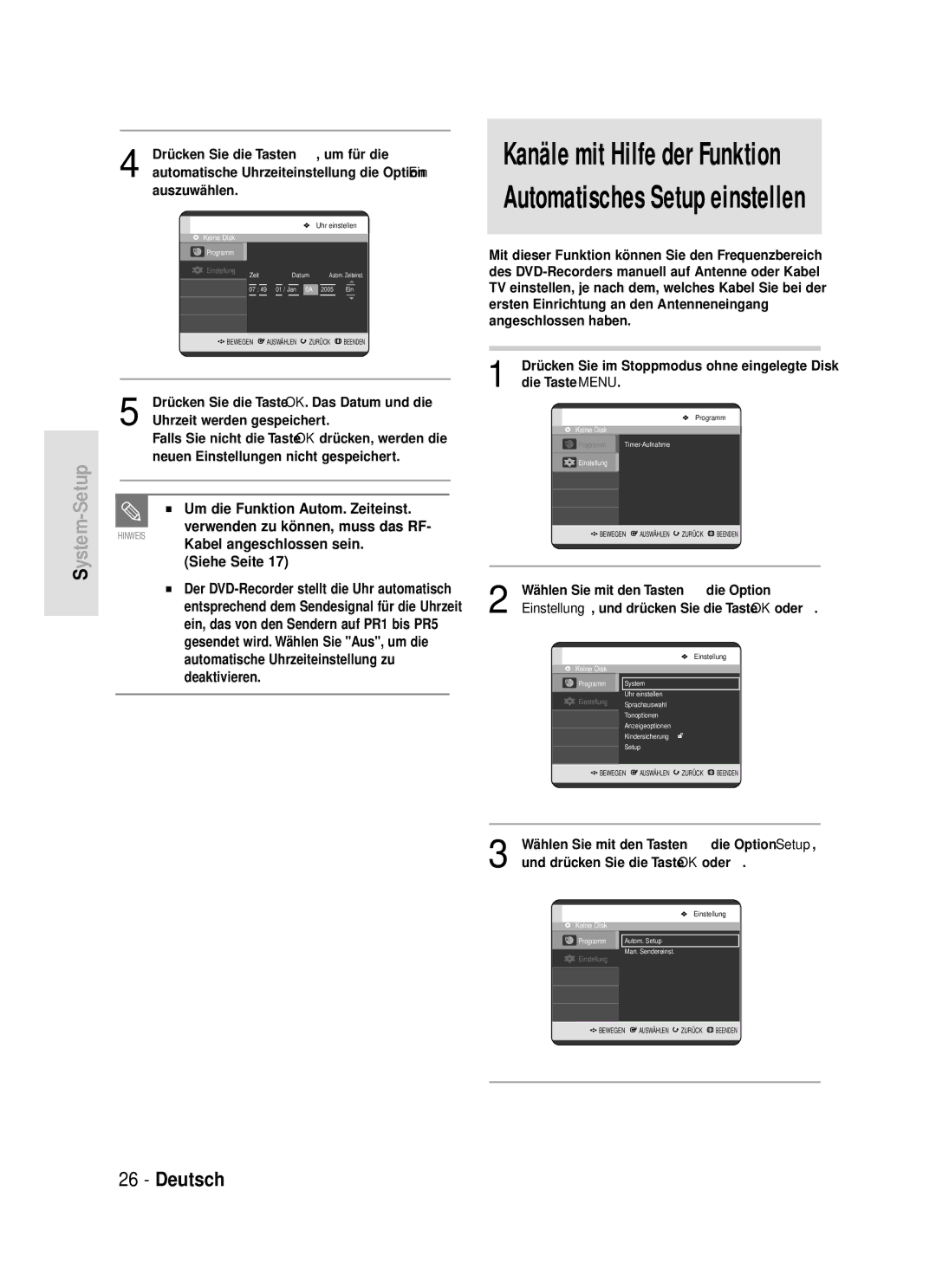 Samsung DVD-R119/XEG manual Wählen Sie mit den Tasten …† die Option Setup, Und drücken Sie die Taste OK oder √ 