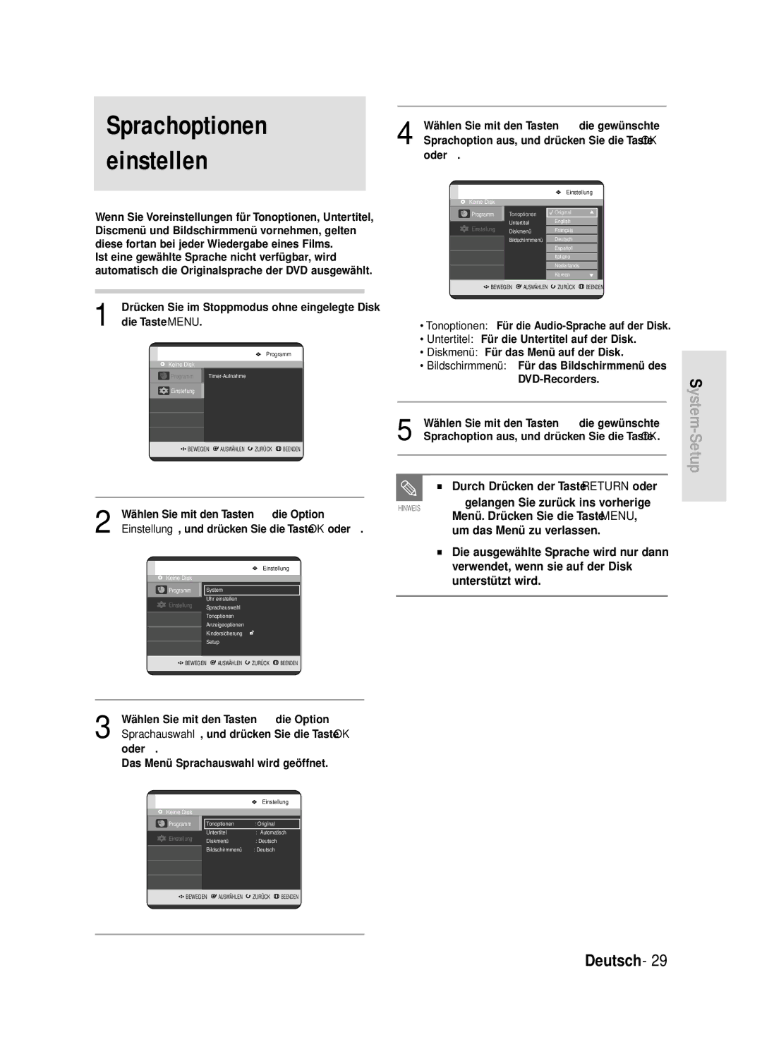 Samsung DVD-R119/XEG manual Sprachoptionen einstellen, Wählen Sie mit den Tasten …† die Option 