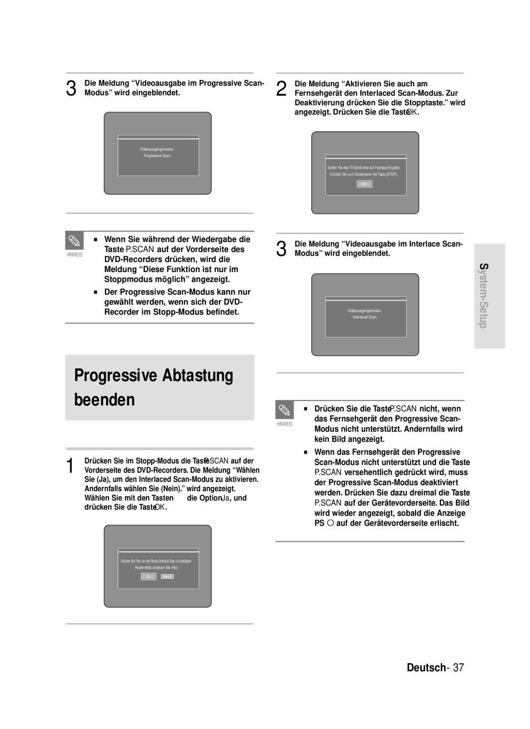 Samsung DVD-R119/XEG manual Progressive Abtastung Beenden 