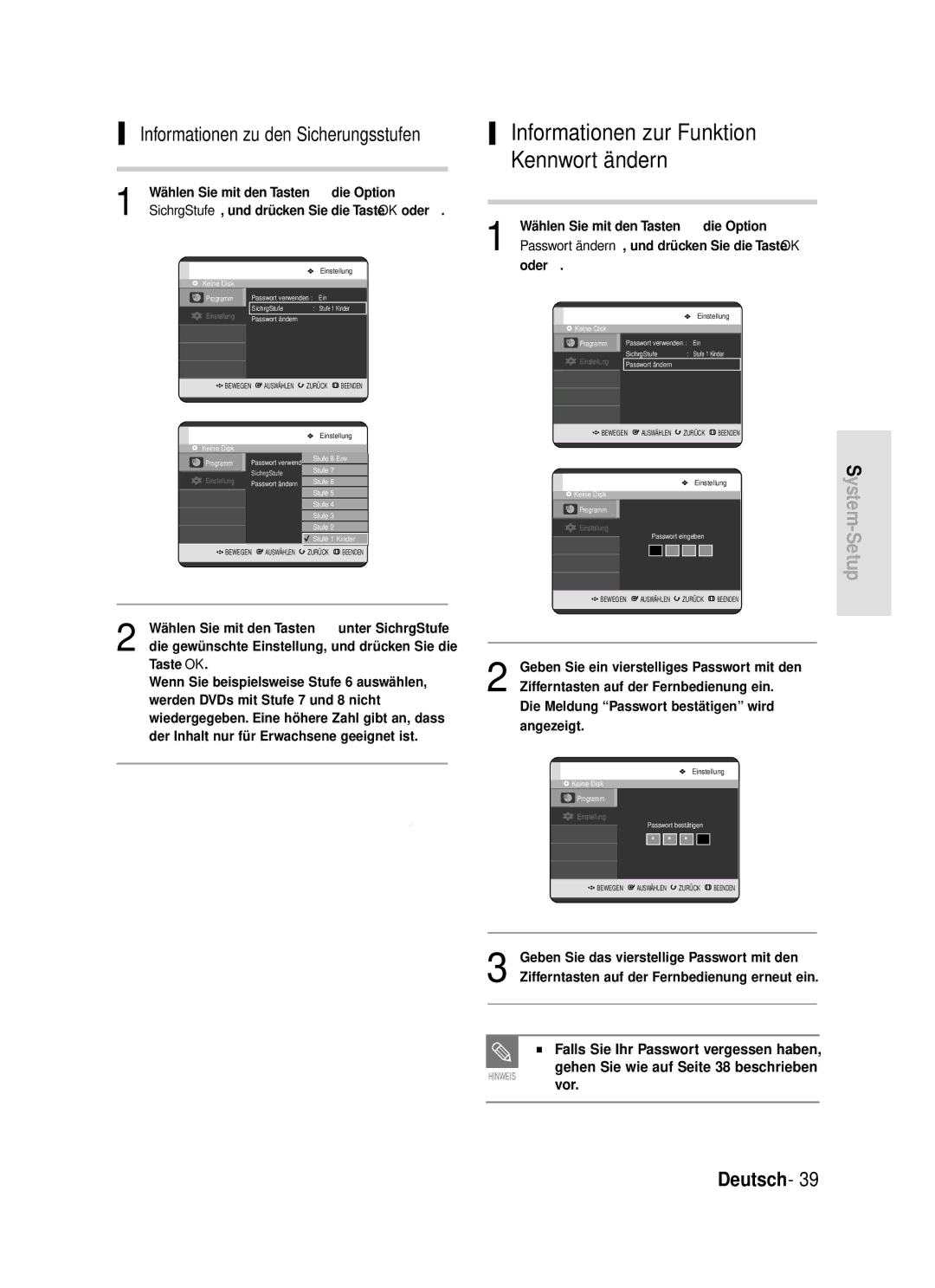 Samsung DVD-R119/XEG manual Informationen zu den Sicherungsstufen, SichrgStufe, und drücken Sie die Taste OK oder √ 