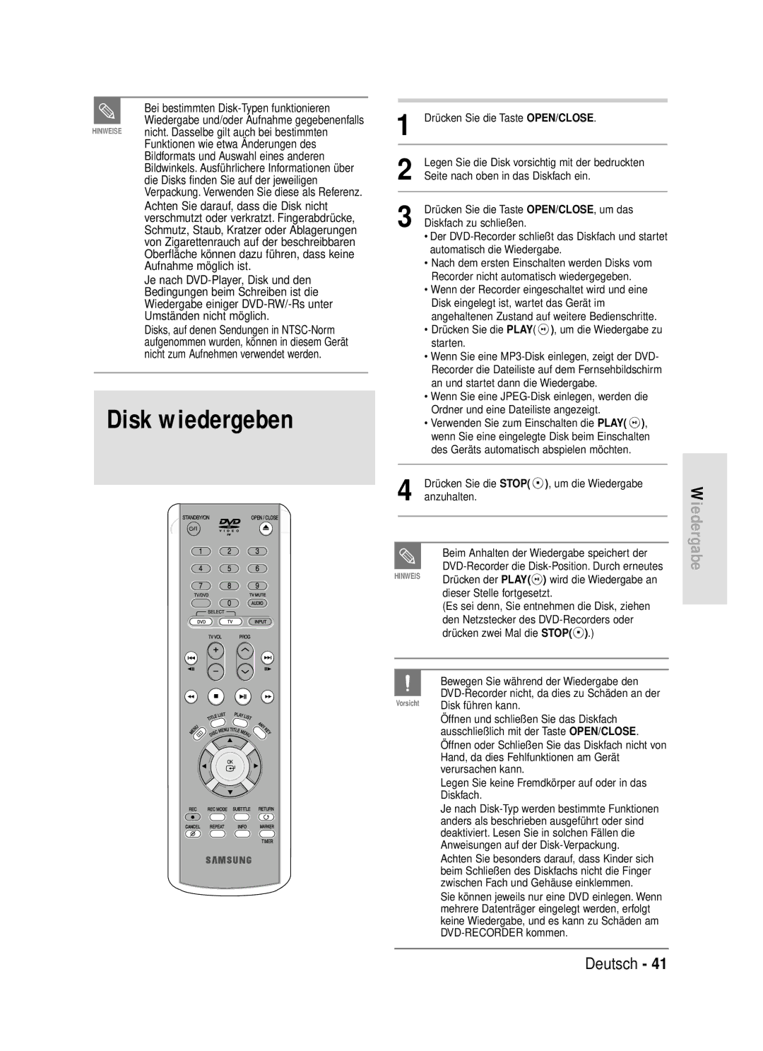 Samsung DVD-R119/XEG manual Disk wiedergeben, Funktionen wie etwa Änderungen des, Die Disks finden Sie auf der jeweiligen 