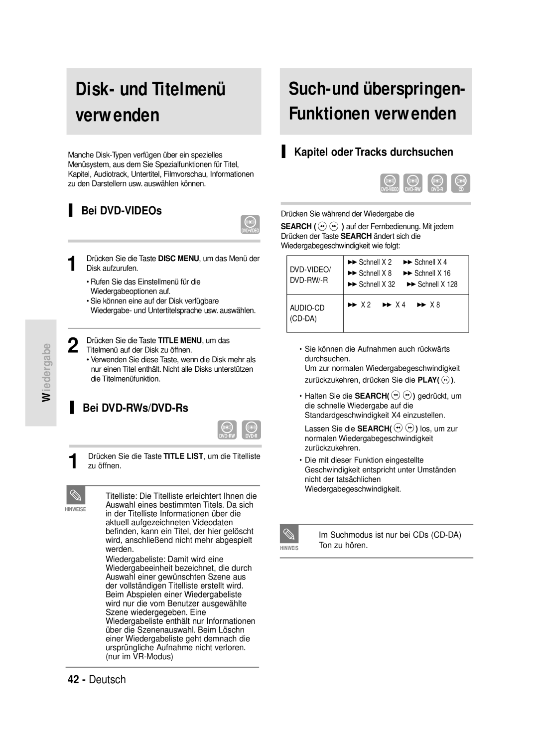 Samsung DVD-R119/XEG manual Disk- und Titelmenü verwenden, Such-und überspringen- Funktionen verwenden, Bei DVD-VIDEOs 