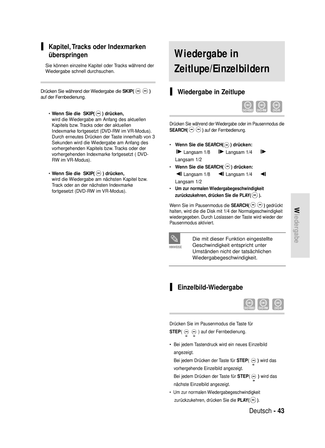 Samsung DVD-R119/XEG manual Wiedergabe Zeitlupe/Einzelbildern, Kapitel, Tracks oder Indexmarken überspringen 