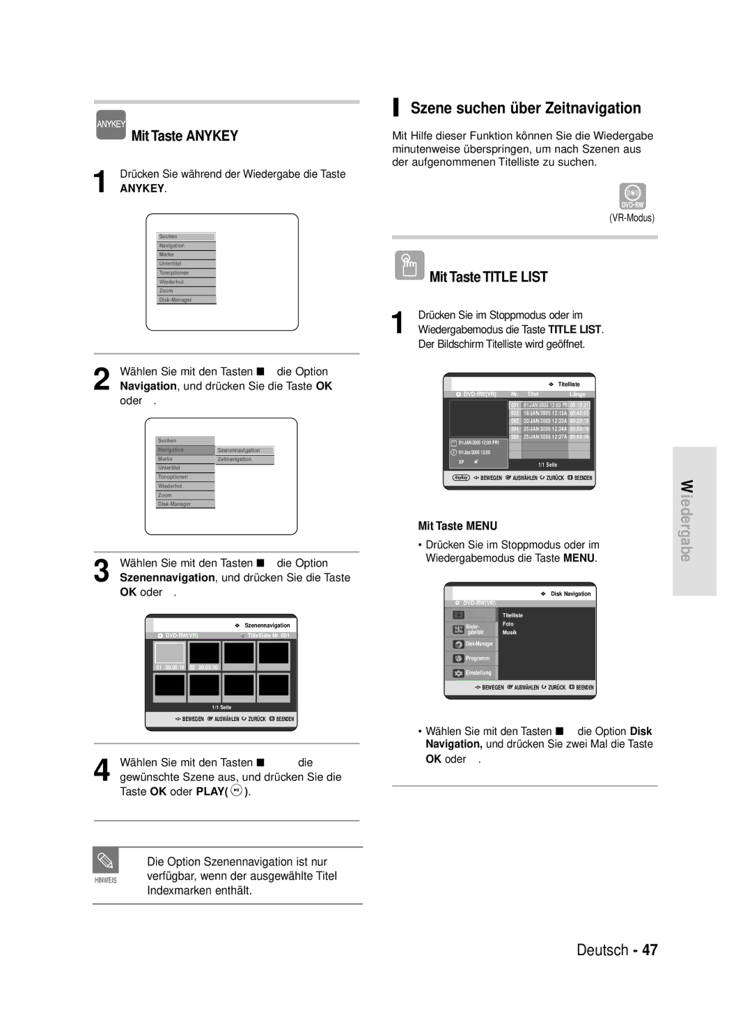 Samsung DVD-R119/XEG manual Szene suchen über Zeitnavigation, Mit Taste Anykey, Indexmarken enthält, OK oder 