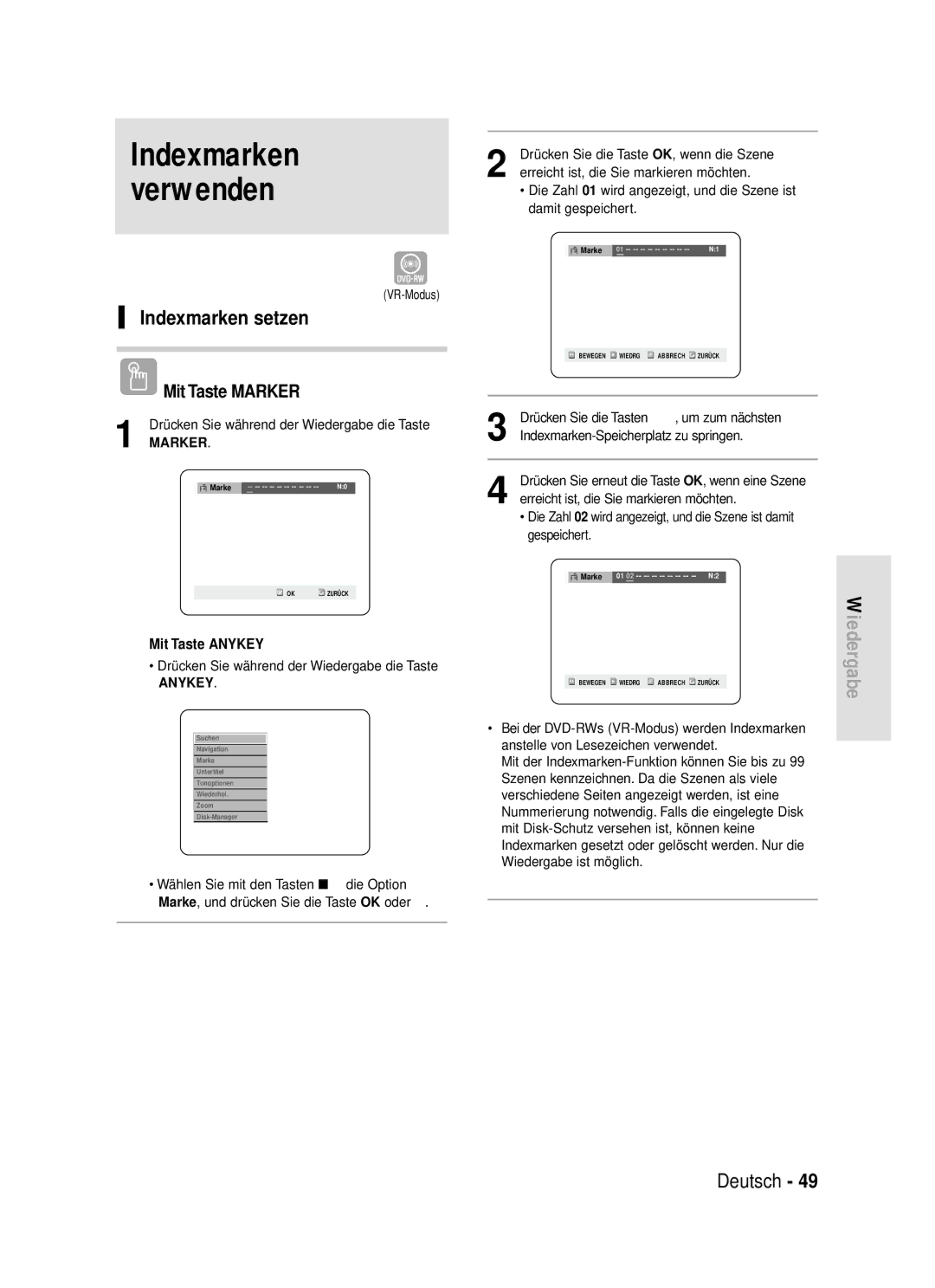 Samsung DVD-R119/XEG Indexmarken setzen, Mit Taste Marker, Mit Taste Anykey, Drücken Sie die Tasten œ √, um zum nächsten 