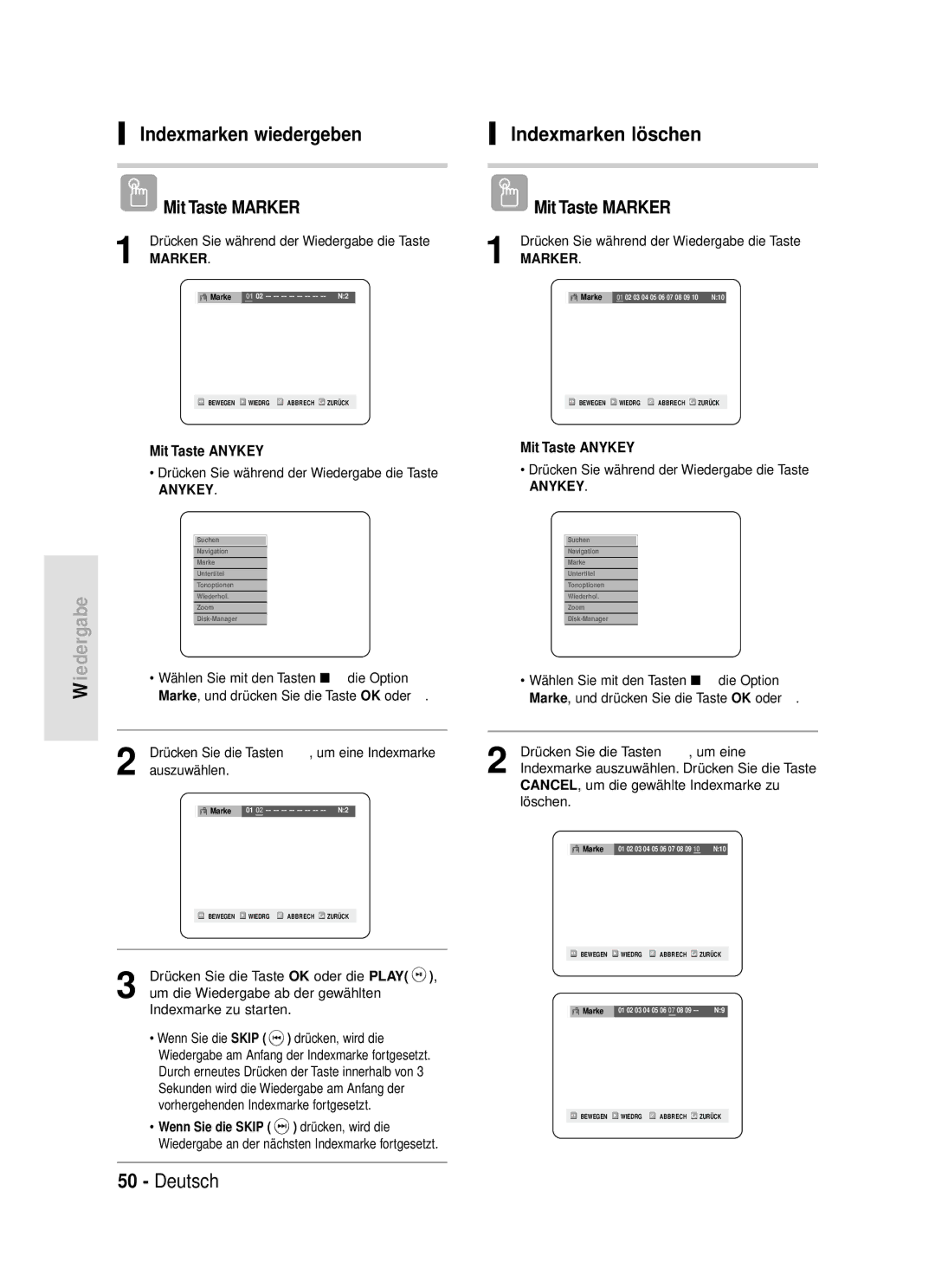 Samsung DVD-R119/XEG manual Indexmarken wiedergeben, Indexmarken löschen, Mit Taste Marker, Auszuwählen 