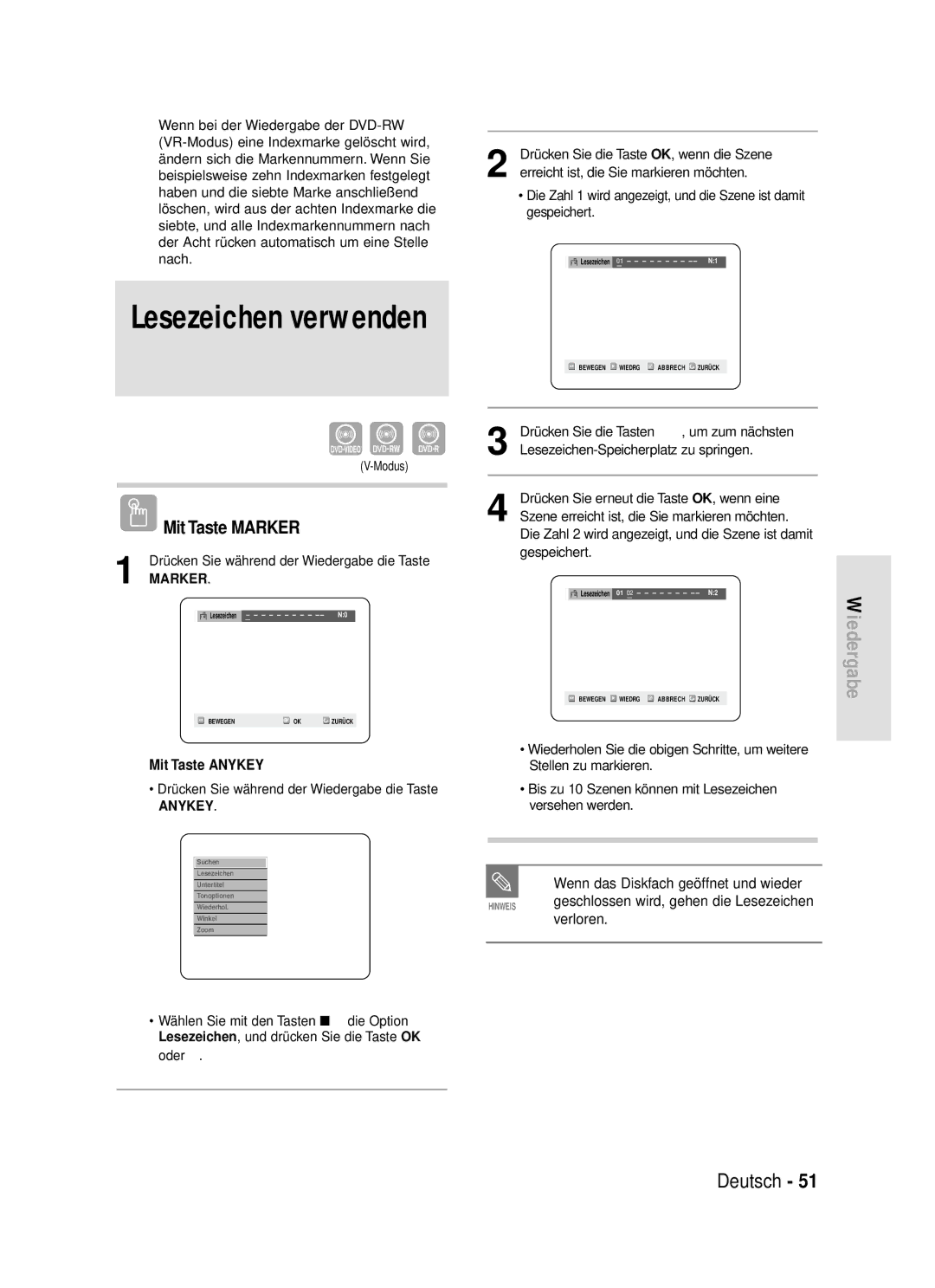 Samsung DVD-R119/XEG manual Verloren, Modus, Geschlossen wird, gehen die Lesezeichen 