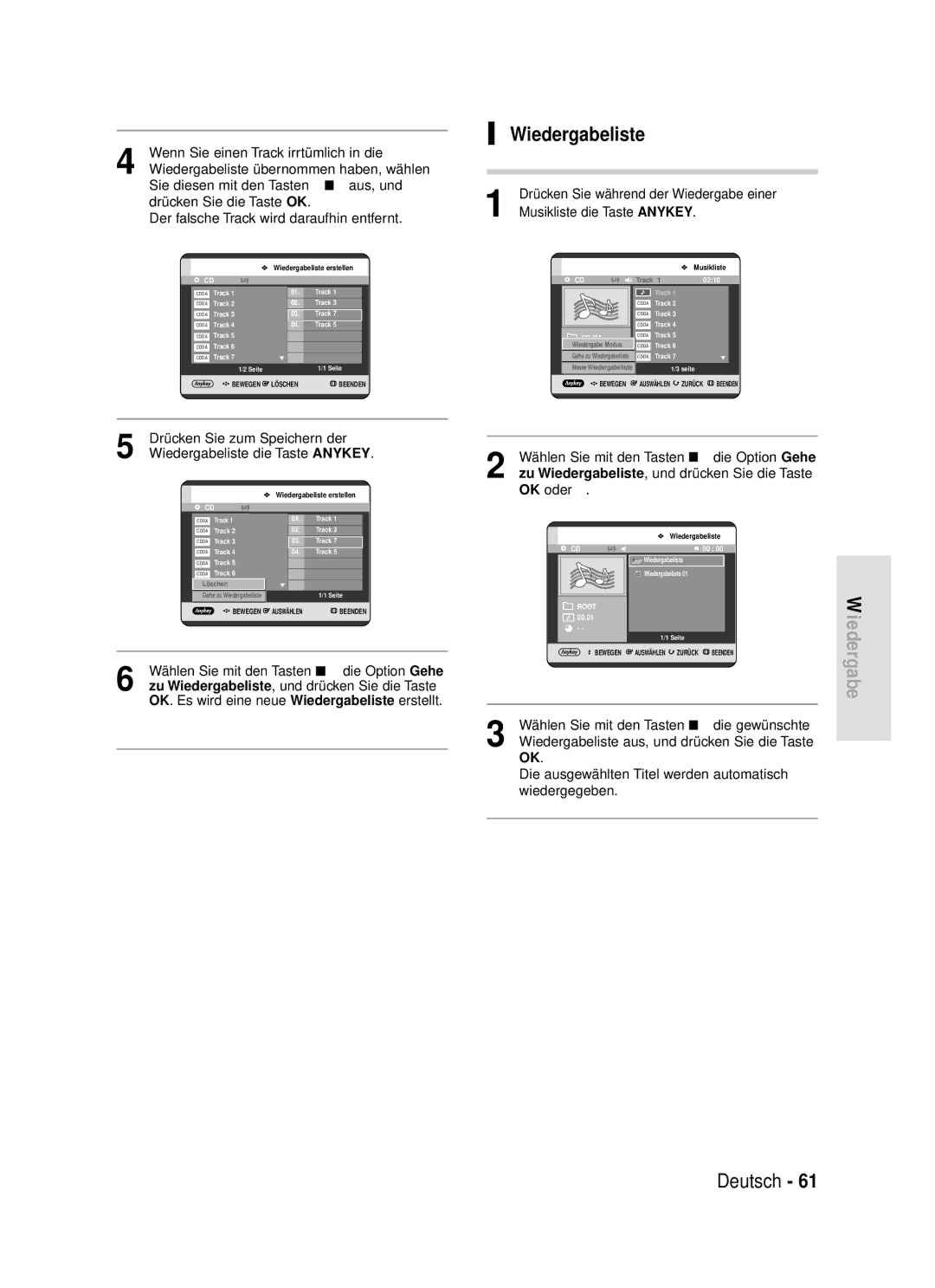 Samsung DVD-R119/XEG manual Drücken Sie zum Speichern der, Wiedergabeliste die Taste Anykey 