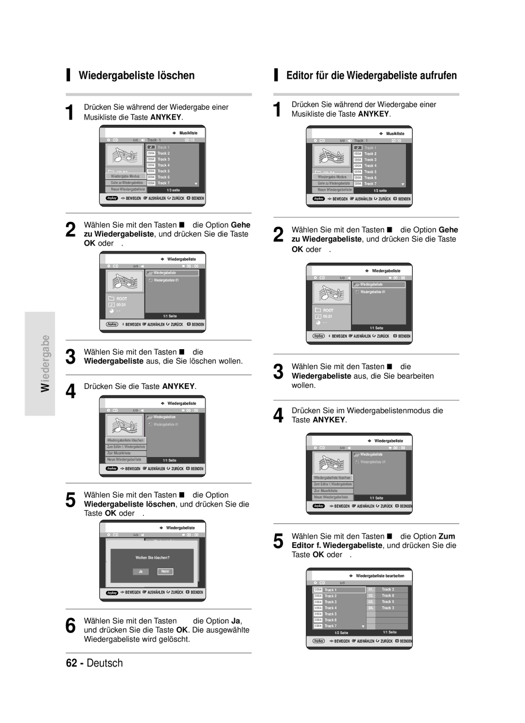 Samsung DVD-R119/XEG manual Wiedergabeliste löschen, Editor für die Wiedergabeliste aufrufen, Taste OK oder √ 