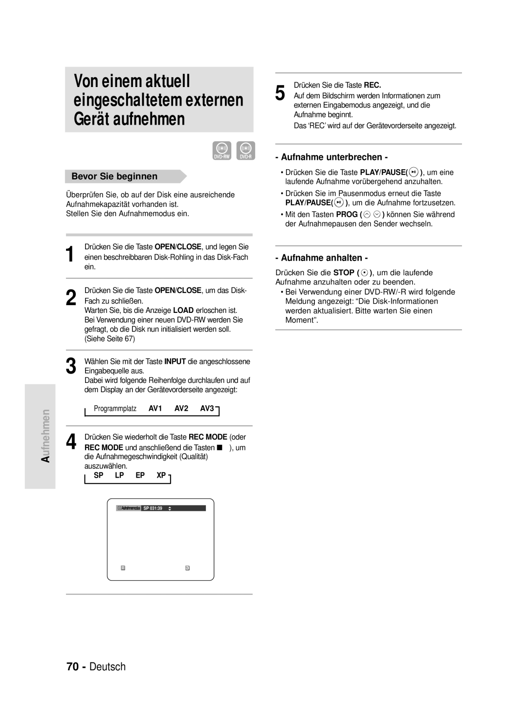 Samsung DVD-R119/XEG manual Sp Lp Ep Xp 