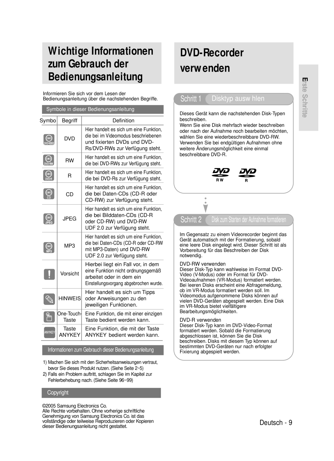 Samsung DVD-R119/XEG Wichtige Informationen zum Gebrauch der Bedienungsanleitung, DVD-Recorder verwenden, DVD-RW verwenden 