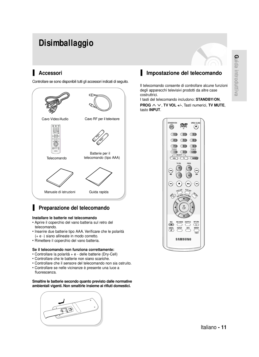 Samsung DVD-R119/XET manual Disimballaggio, Accessori, Preparazione del telecomando, Impostazione del telecomando 