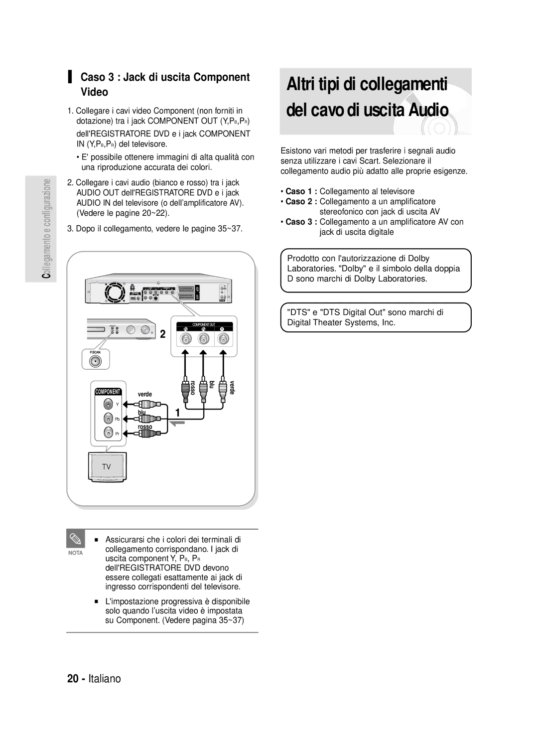 Samsung DVD-R119/XET manual Caso 3 Jack di uscita Component Video, Dopo il collegamento, vedere le pagine 35~37 