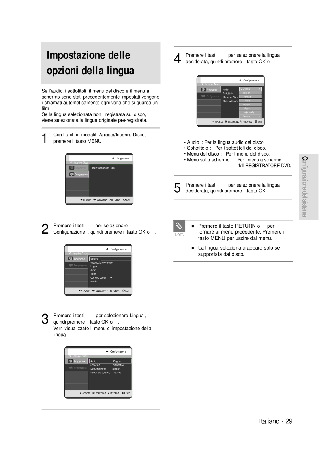 Samsung DVD-R119/XET manual Impostazione delle opzioni della lingua, Premere il tasto Return o œ per 