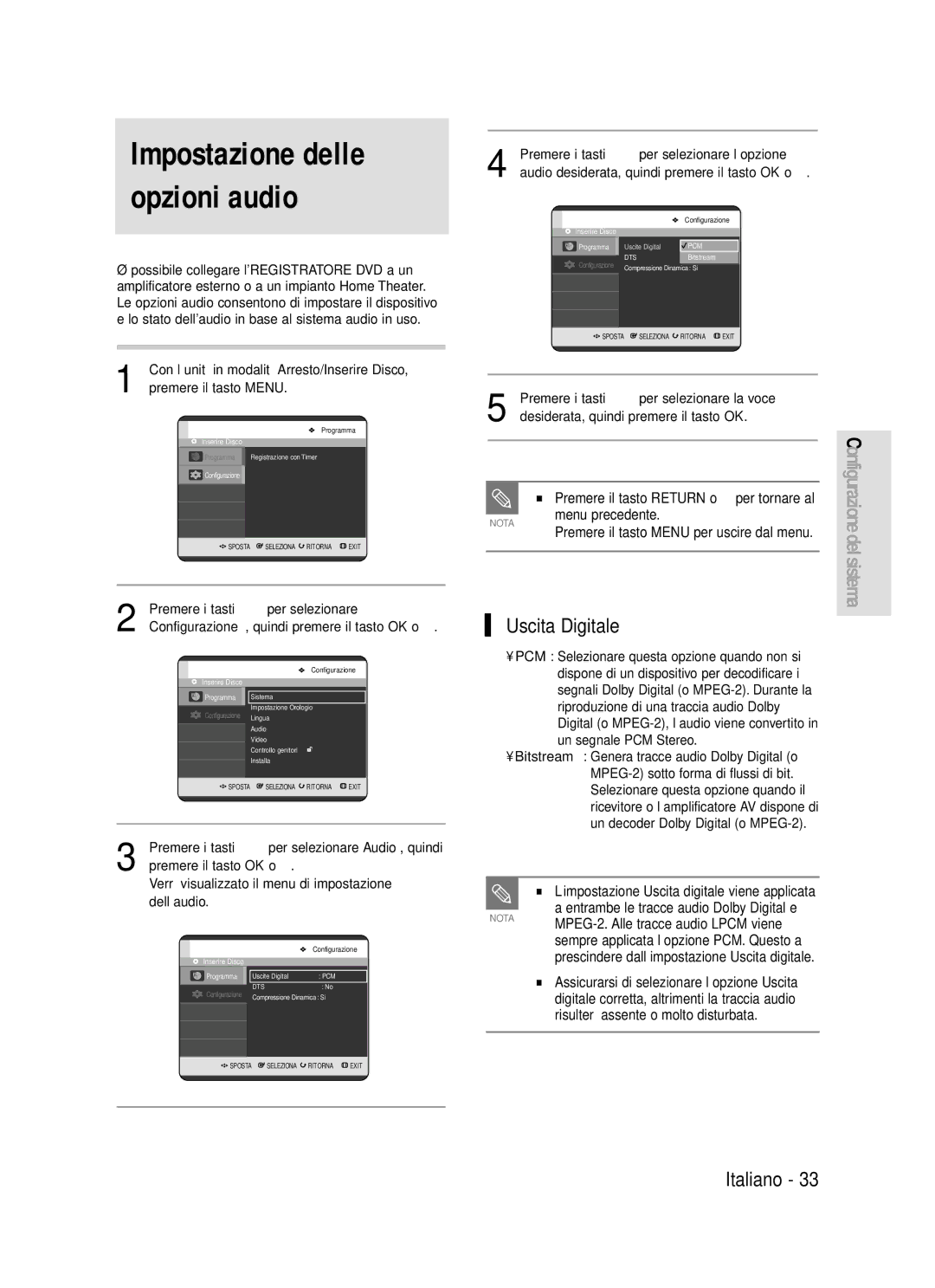 Samsung DVD-R119/XET manual Impostazione delle opzioni audio, Uscita Digitale, Premere il tasto Return o œ per tornare al 