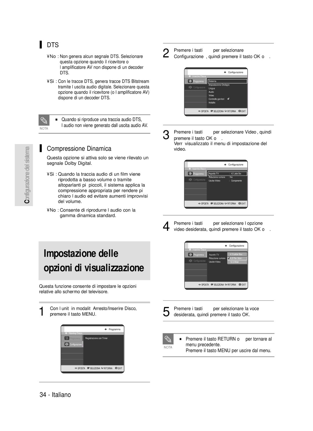 Samsung DVD-R119/XET manual Compressione Dinamica, Premere i tasti …† per selezionare Video, quindi 