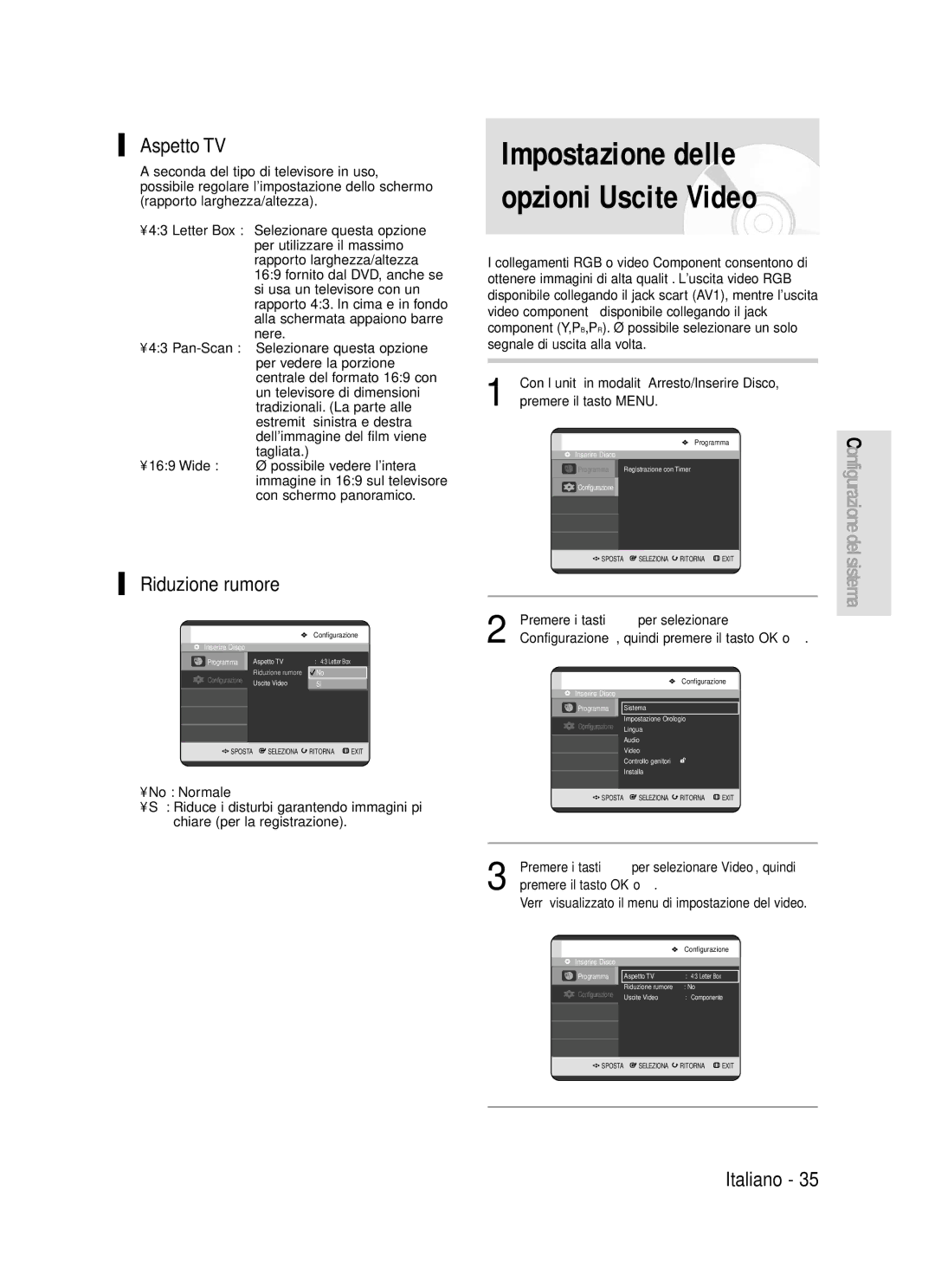 Samsung DVD-R119/XET manual Impostazione delle opzioni Uscite Video, Aspetto TV, Riduzione rumore 