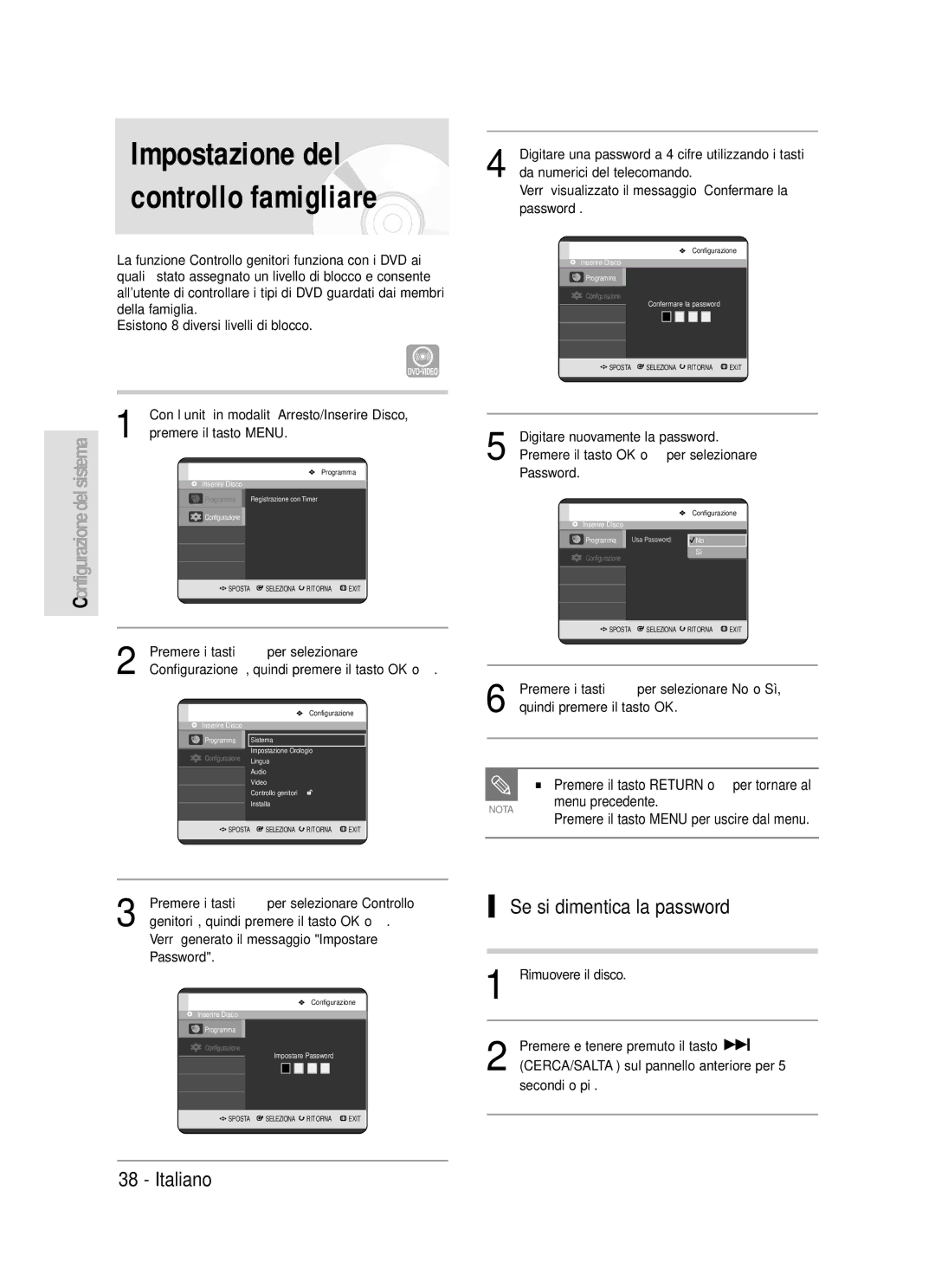 Samsung DVD-R119/XET manual Impostazione del, Se si dimentica la password 