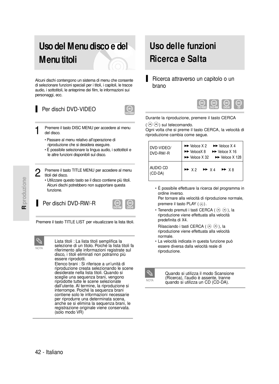 Samsung DVD-R119/XET manual Uso delle funzioni Ricerca e Salta, Per dischi DVD-VIDEO, Per dischi DVD-RW/-R 