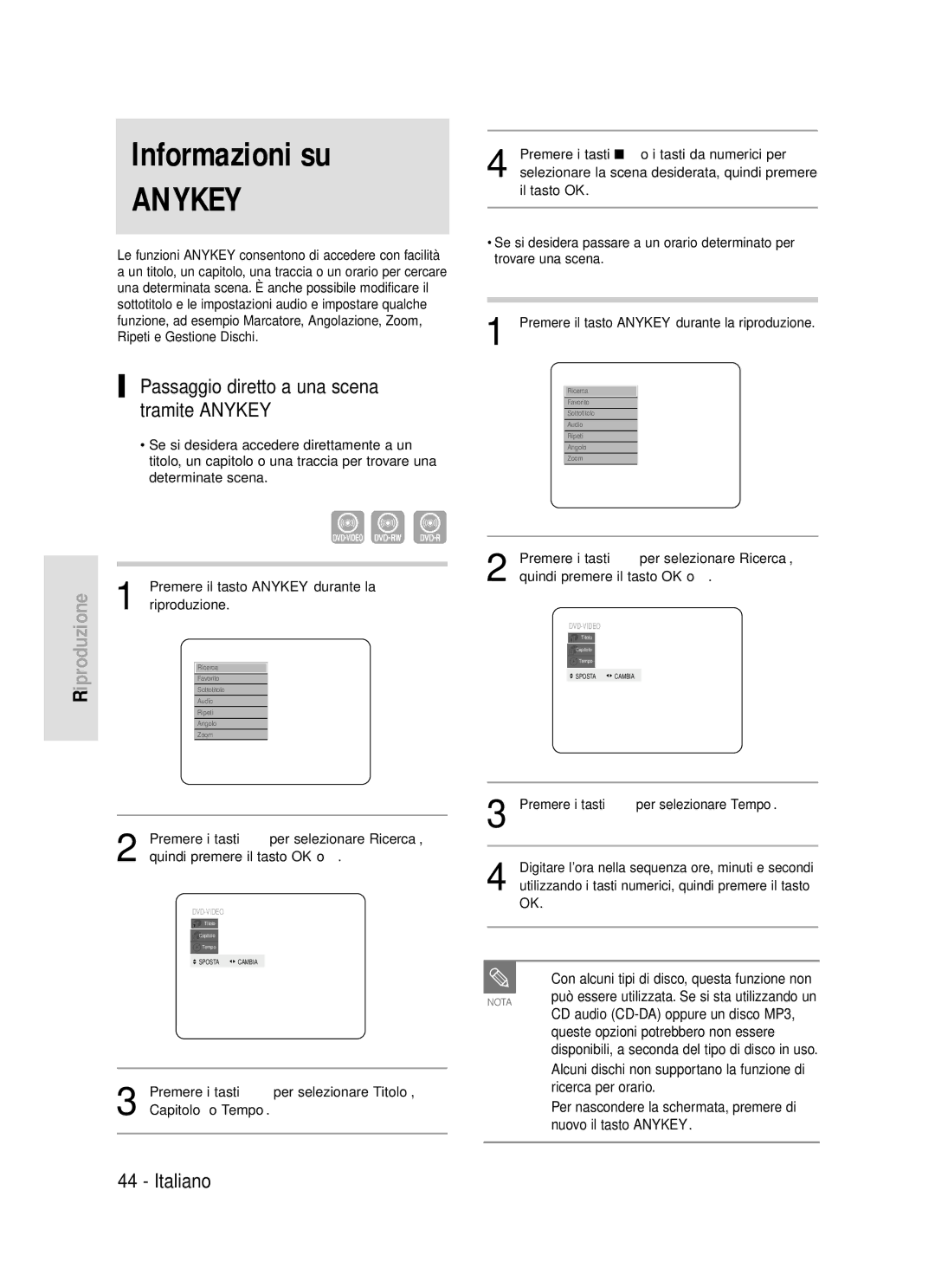 Samsung DVD-R119/XET Informazioni su, Passaggio diretto a una scena tramite Anykey, Queste opzioni potrebbero non essere 