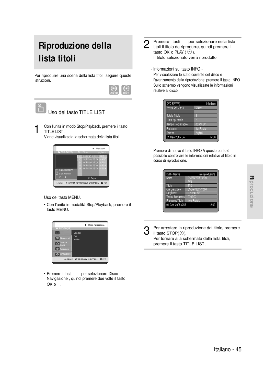 Samsung DVD-R119/XET manual Riproduzione della lista titoli, Uso del tasto Title List, Informazioni sul tasto Info 