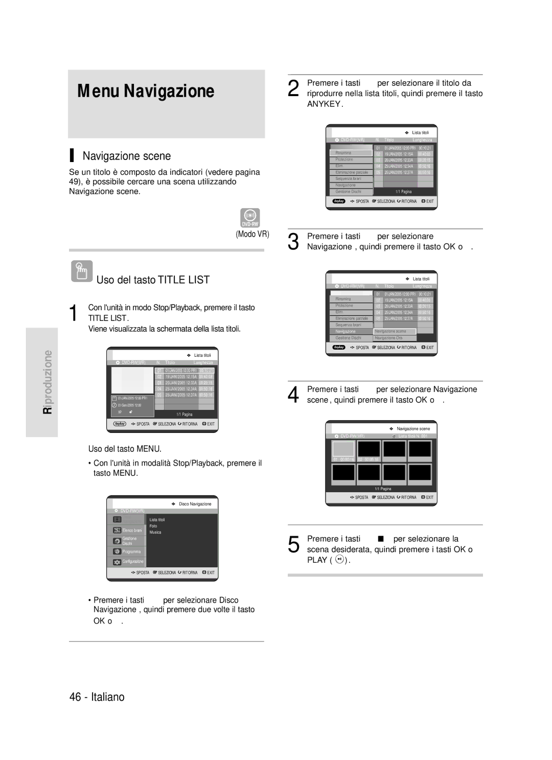 Samsung DVD-R119/XET manual Menu Navigazione, Navigazione scene, Modo VR 