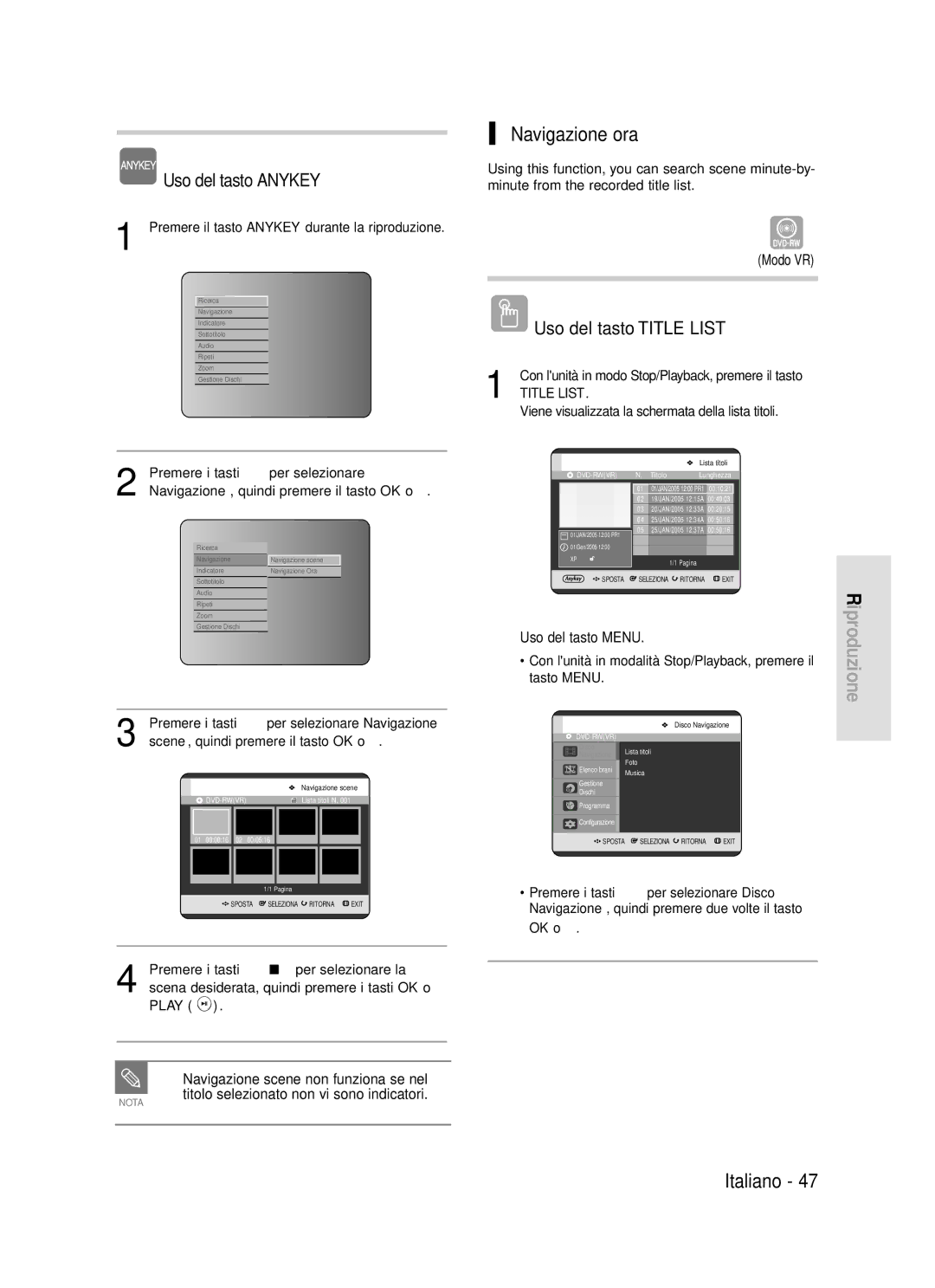 Samsung DVD-R119/XET manual Navigazione ora, Uso del tasto Anykey, Navigazione scene non funziona se nel 