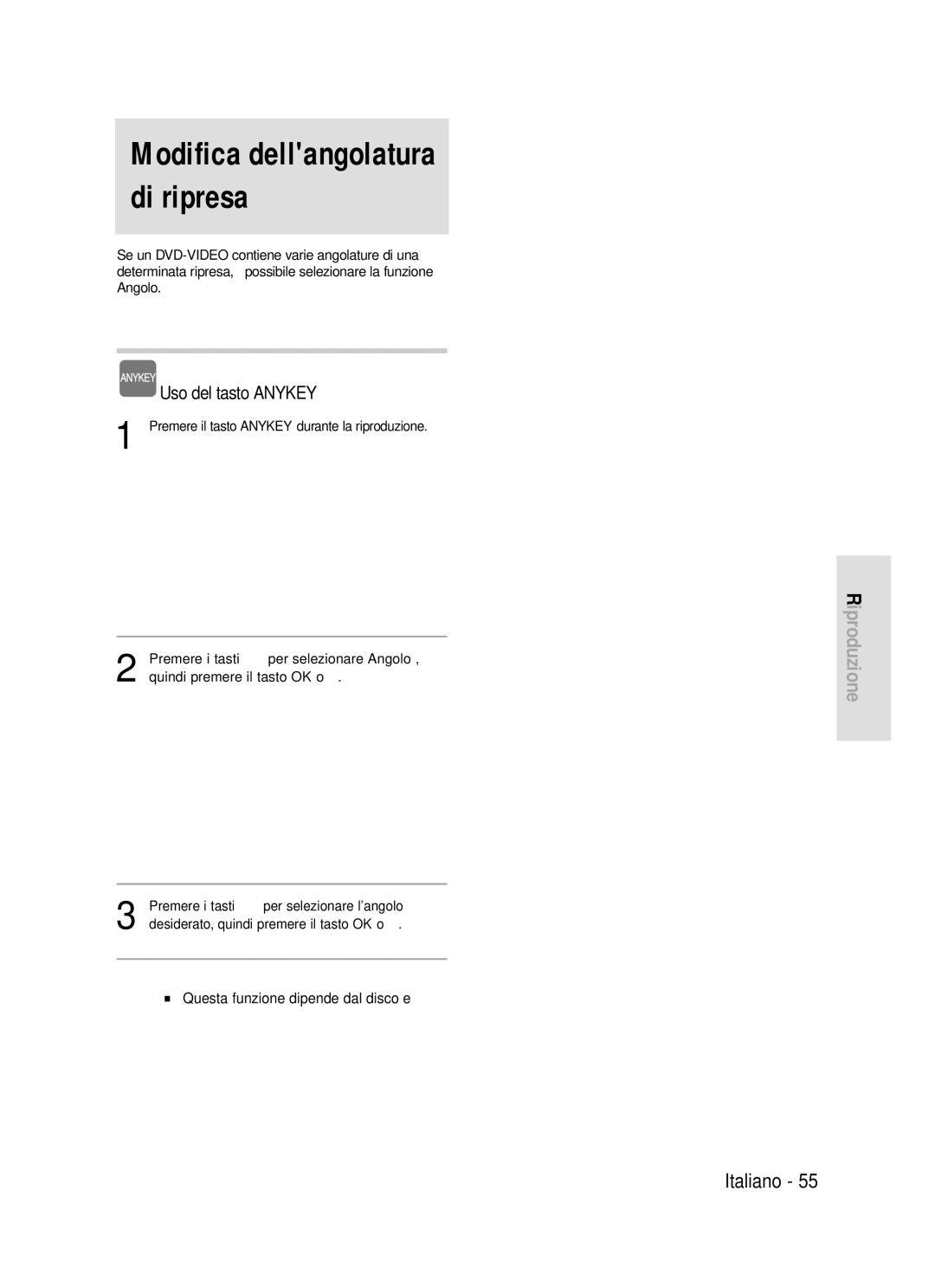 Samsung DVD-R119/XET manual Modifica dellangolatura di ripresa, Ripetizione della riproduzione, Riproduzione ripetuta 