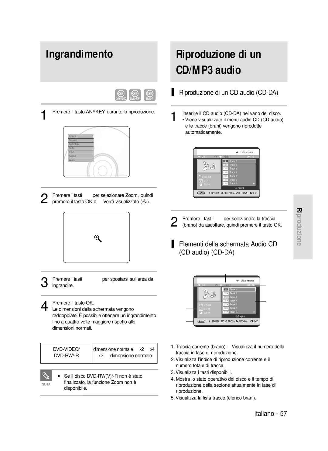 Samsung DVD-R119/XET Riproduzione di un CD/MP3 audio, Ingrandimento, Elementi della schermata Audio CD CD audio CD-DA 