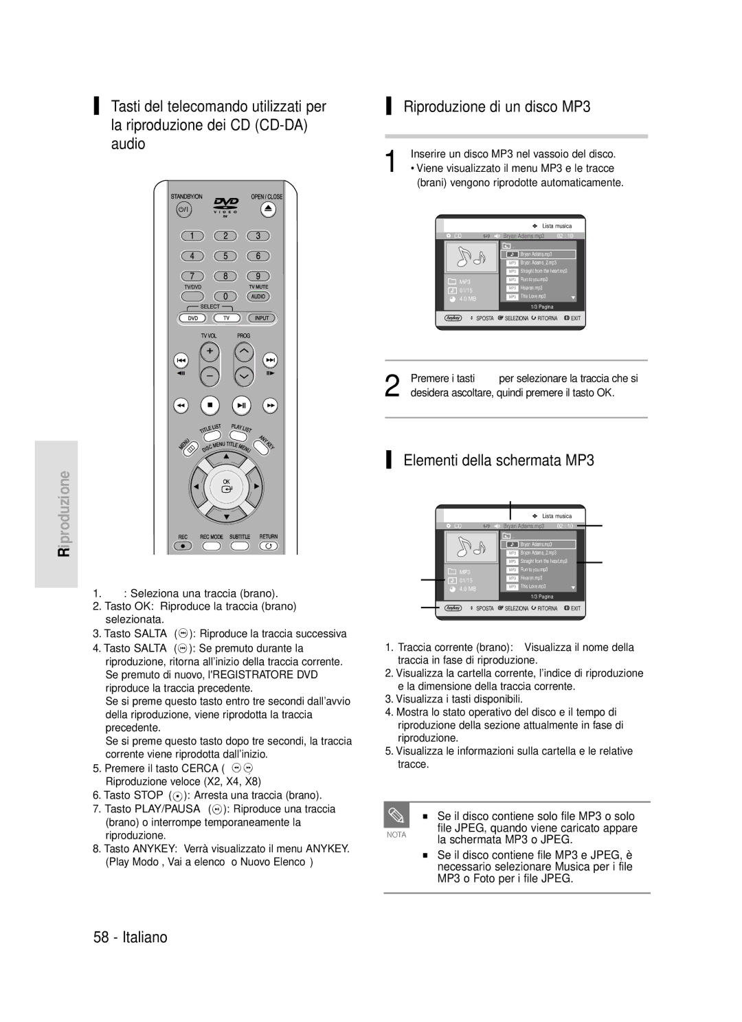 Samsung DVD-R119/XET manual Elementi della schermata MP3, Se il disco contiene solo file MP3 o solo 