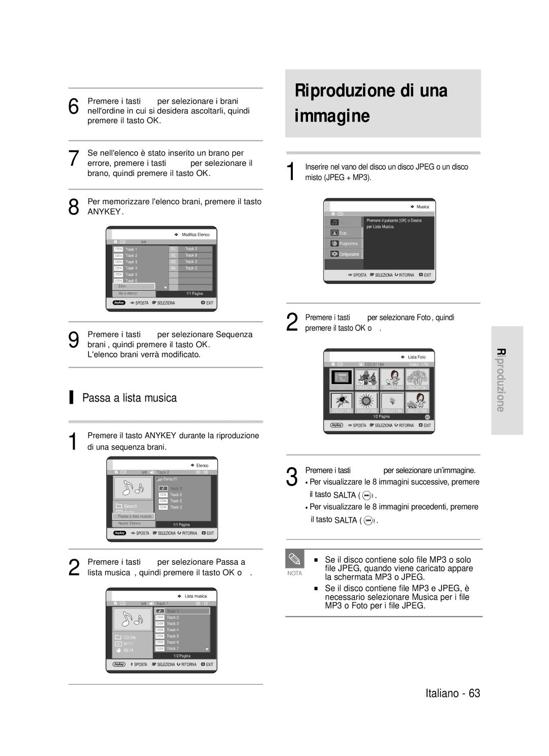 Samsung DVD-R119/XET manual Passa a lista musica, File JPEG, quando viene caricato appare, La schermata MP3 o Jpeg 