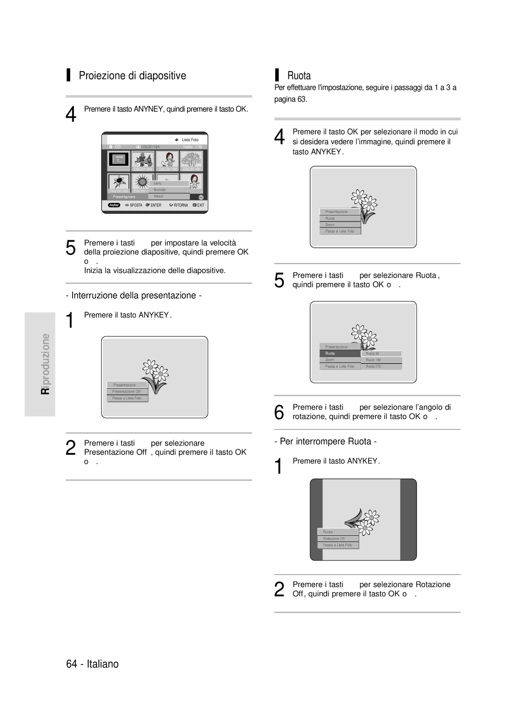 Samsung DVD-R119/XET manual Proiezione di diapositive, Ruota, Interruzione della presentazione 