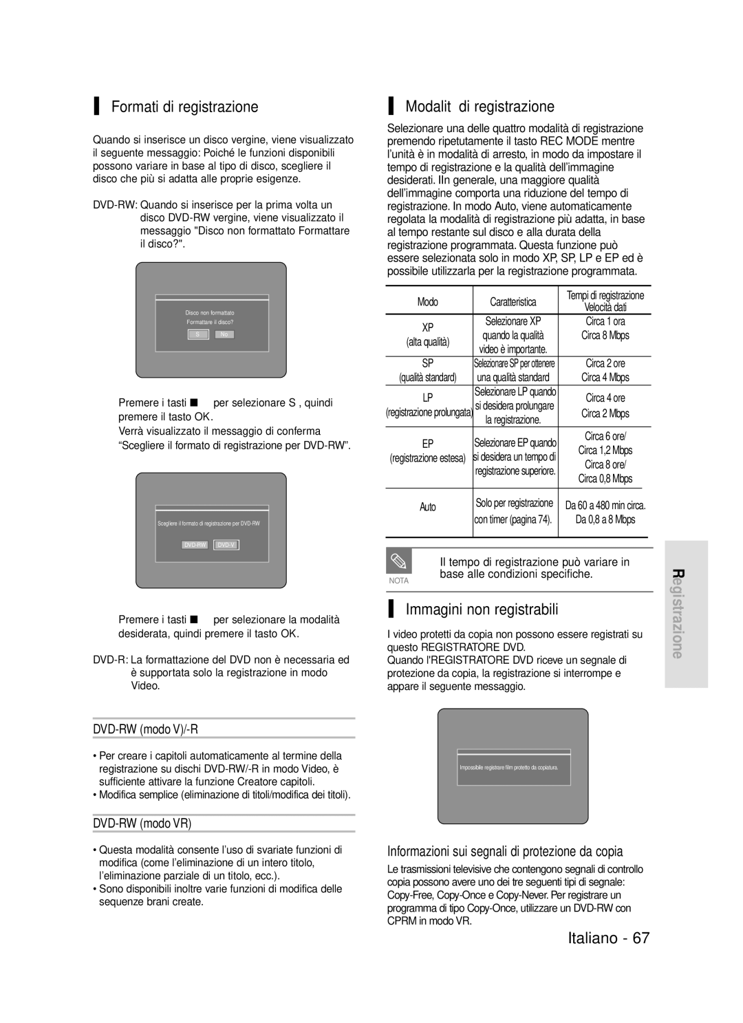 Samsung DVD-R119/XET manual Formati di registrazione, Modalità di registrazione, Immagini non registrabili 