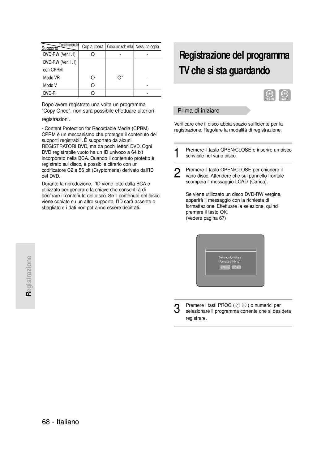 Samsung DVD-R119/XET manual Prima di iniziare, Supporto, Con Cprm Modo VR 