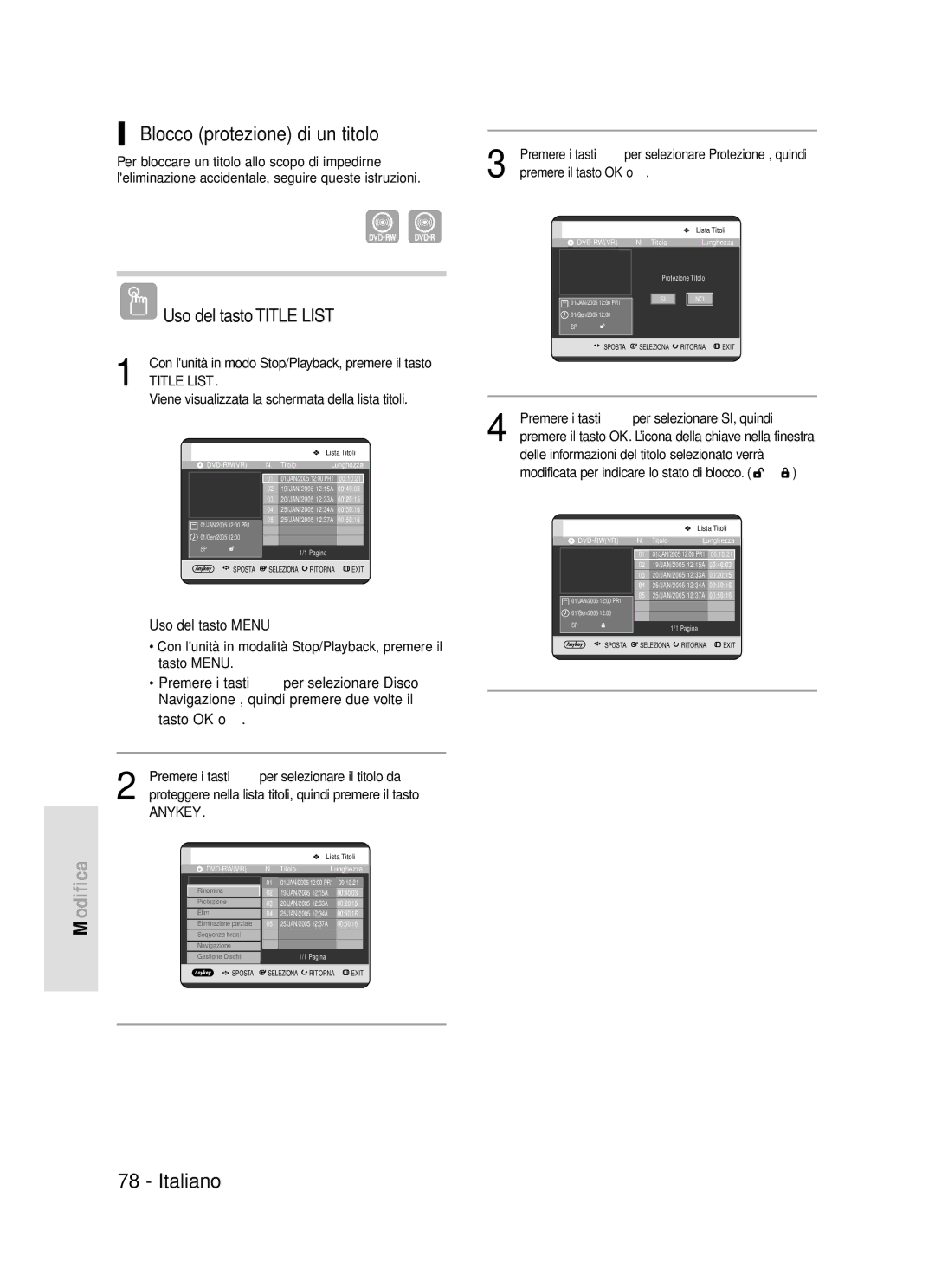 Samsung DVD-R119/XET manual Blocco protezione di un titolo, Proteggere nella lista titoli, quindi premere il tasto 