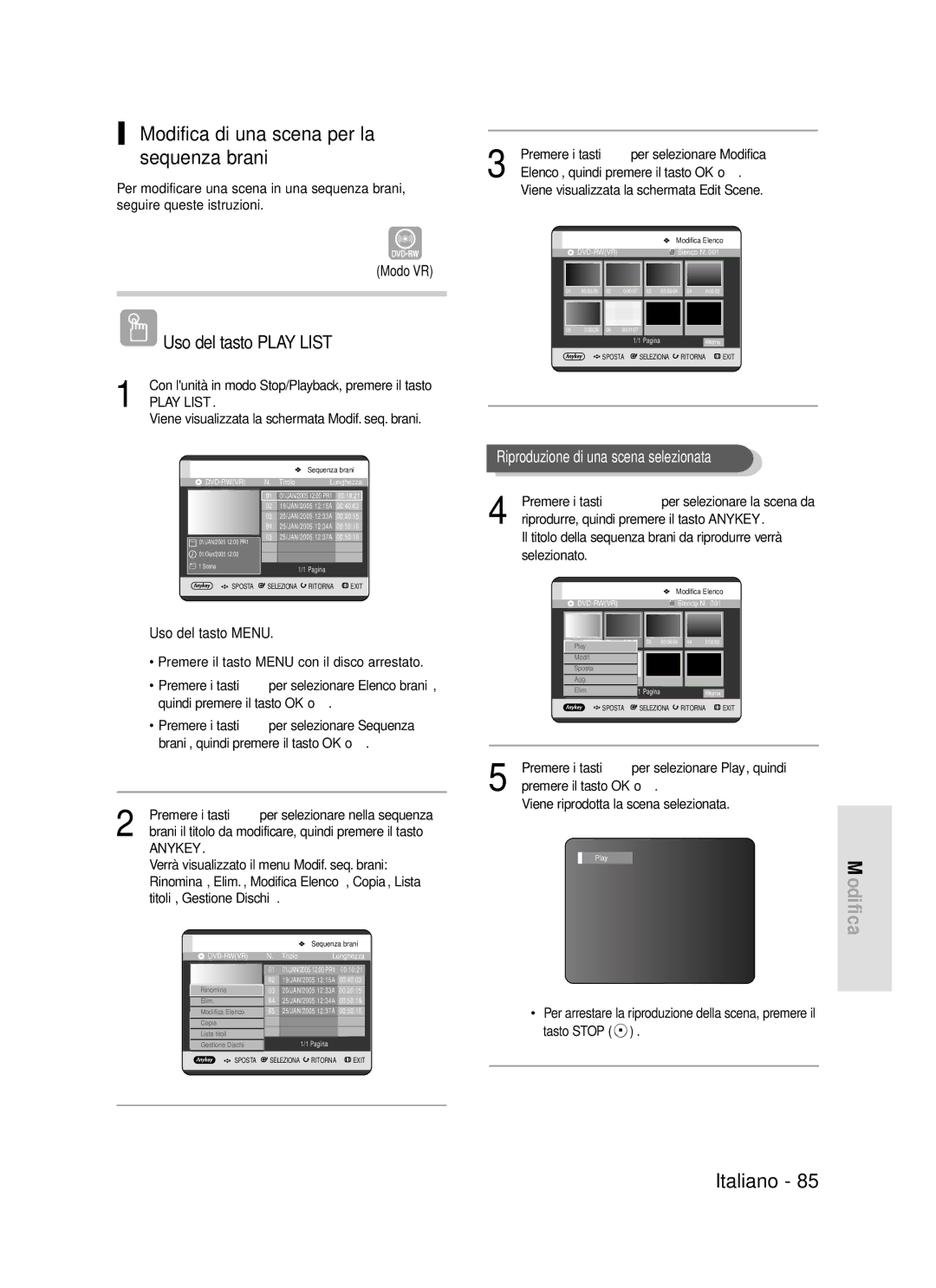 Samsung DVD-R119/XET manual Modifica di una scena per la sequenza brani, Verrà visualizzato il menu Modif. seq. brani 