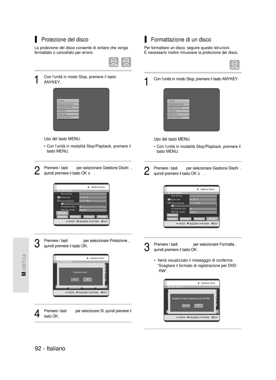 Samsung DVD-R119/XET manual Protezione del disco, Formattazione di un disco, Quindi premere il tasto OK 