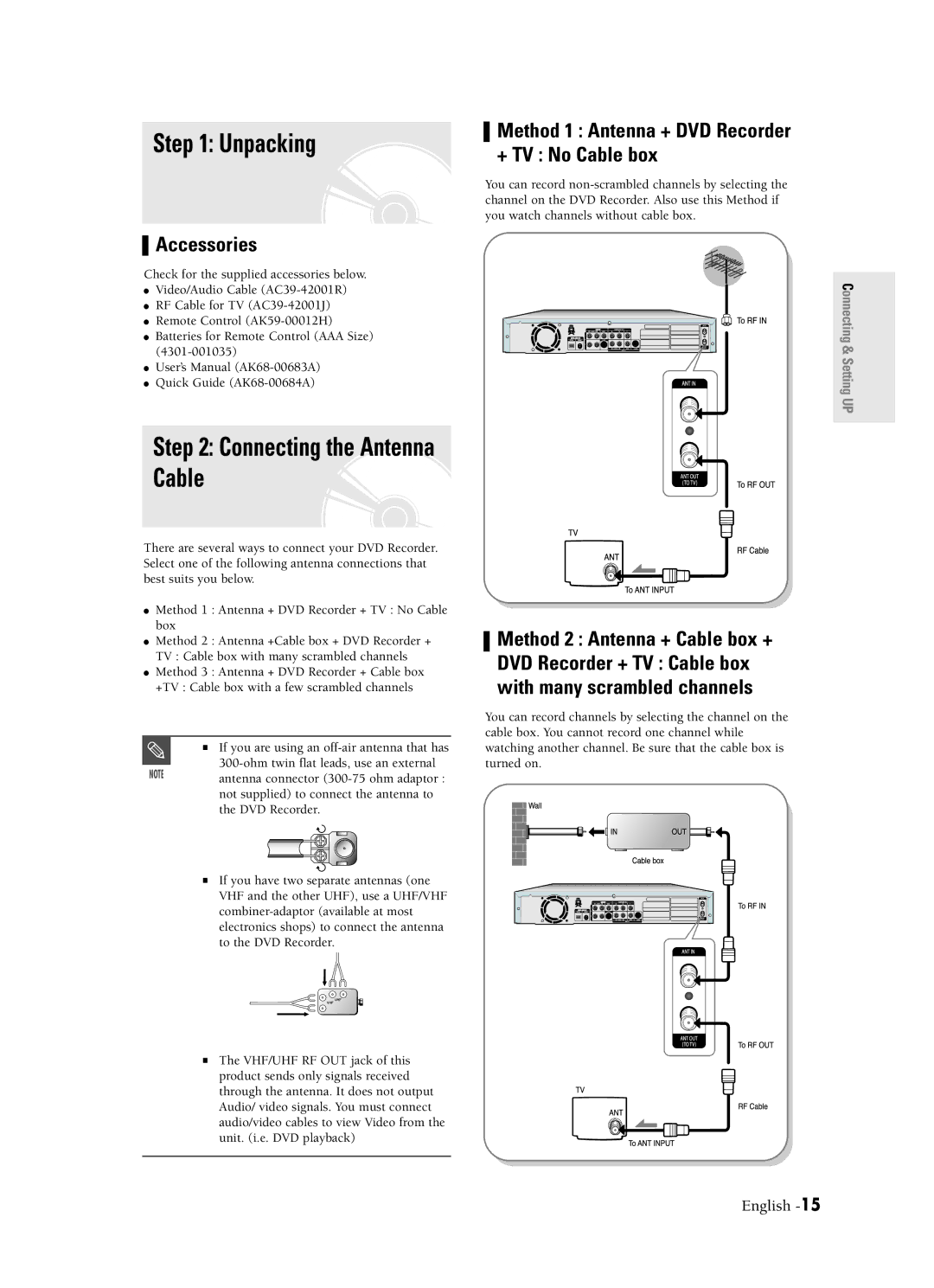 Samsung DVD-R120 Unpacking, Connecting the Antenna Cable, Accessories, Method 1 Antenna + DVD Recorder + TV No Cable box 