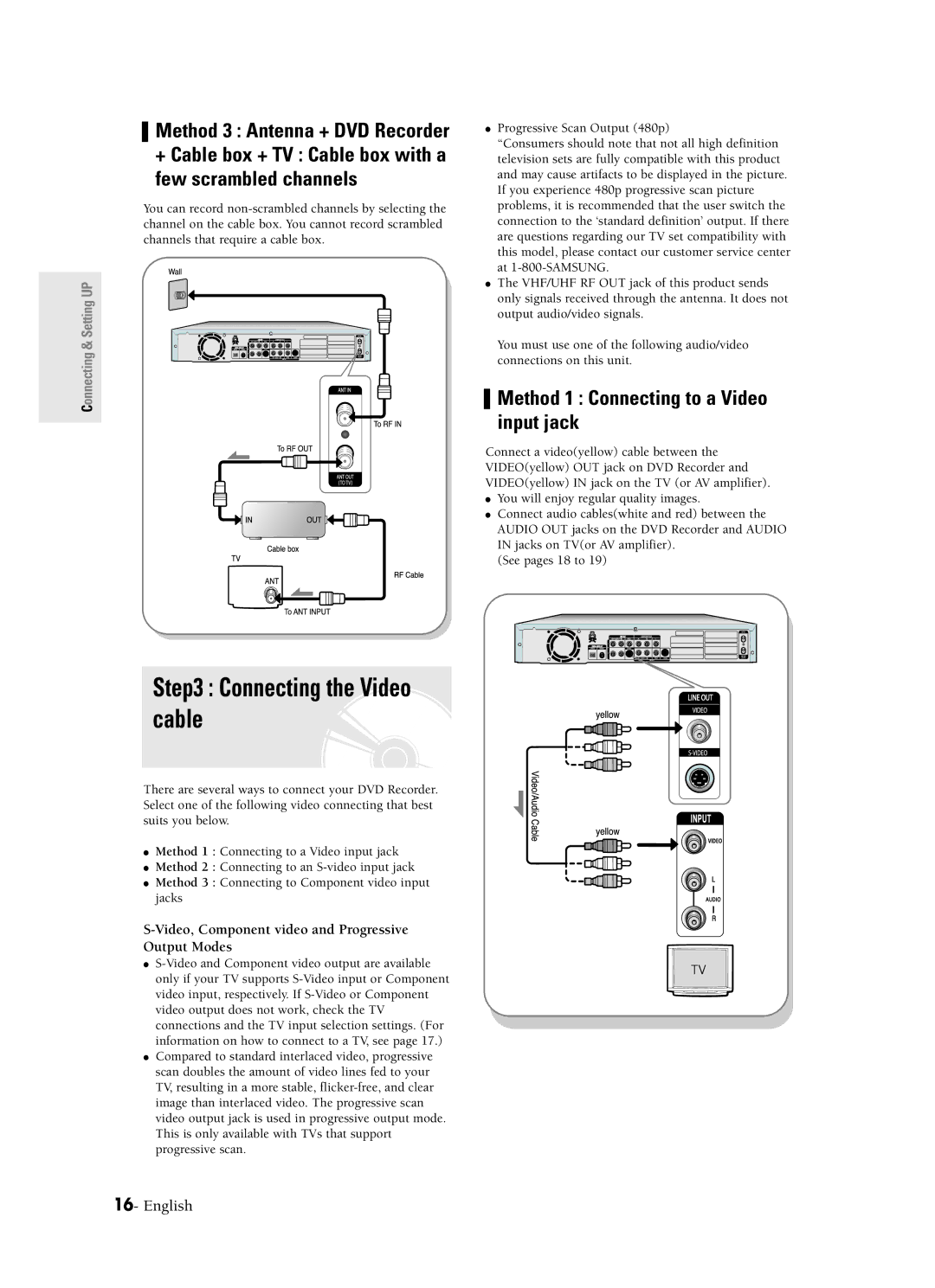 Samsung DVD-R120 instruction manual Connecting the Video cable, Method 1 Connecting to a Video input jack 