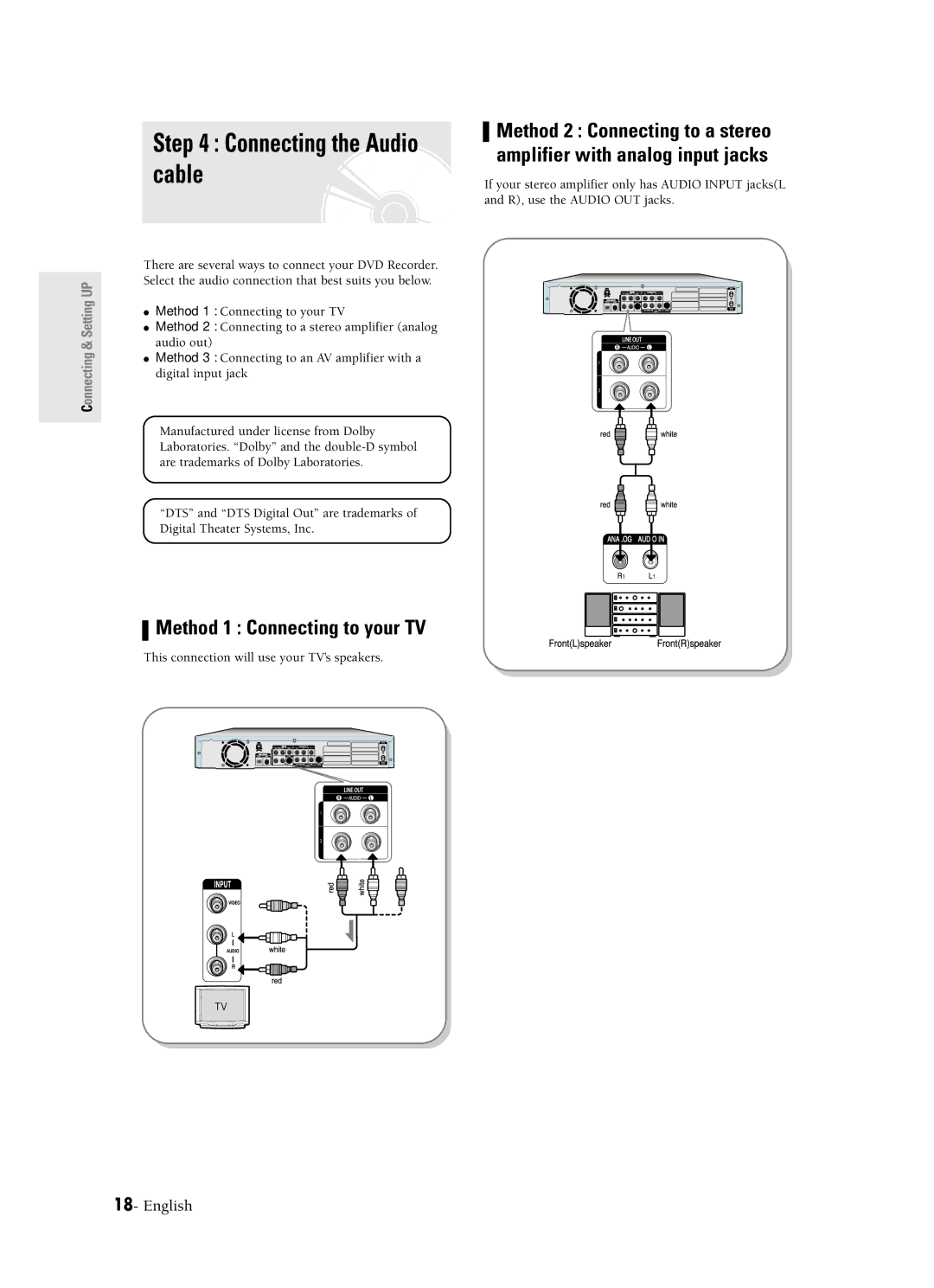 Samsung DVD-R120 instruction manual Connecting the Audio cable, This connection will use your TV’s speakers 