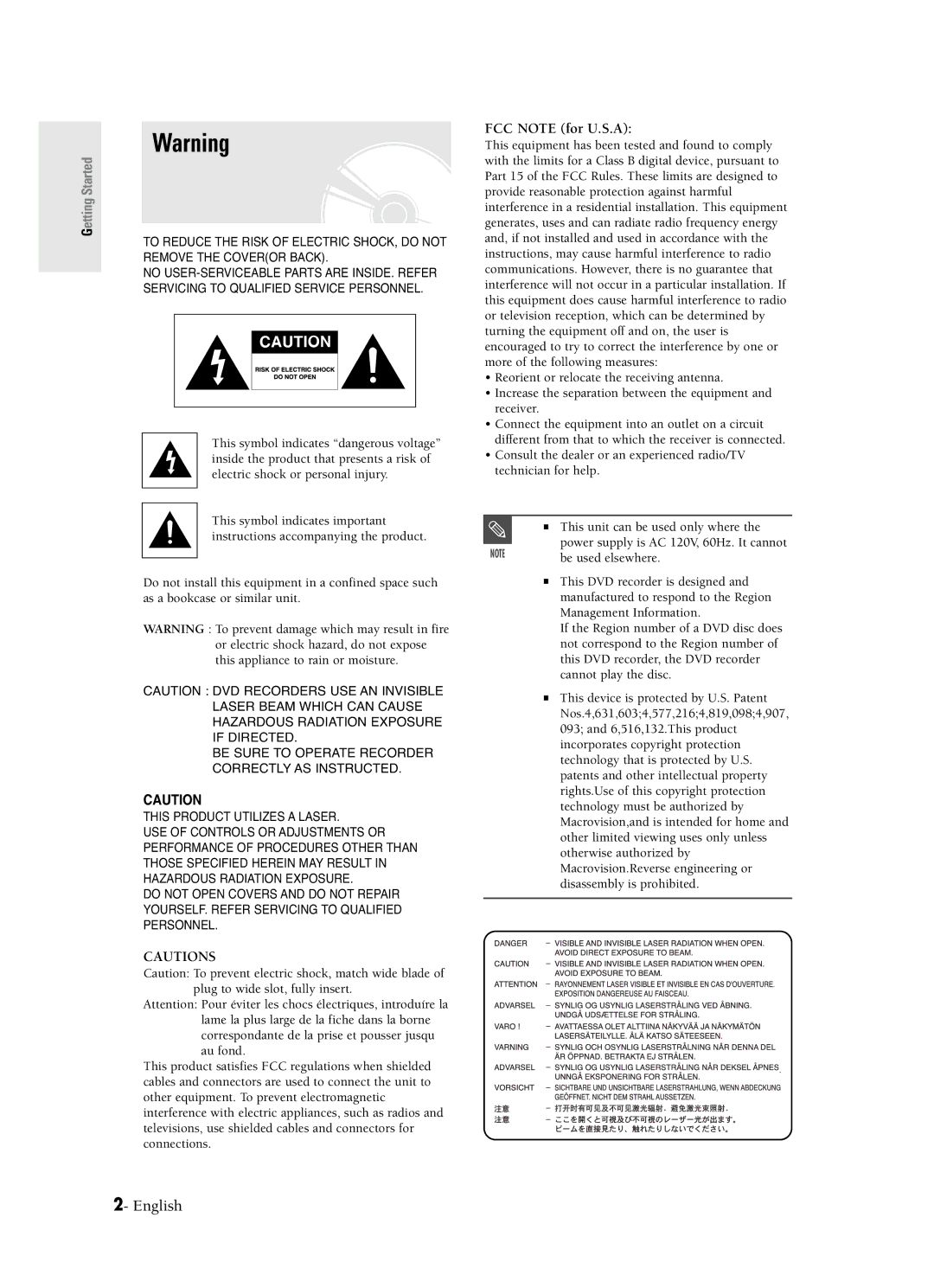 Samsung DVD-R120 instruction manual Getting Started, FCC Note for U.S.A 